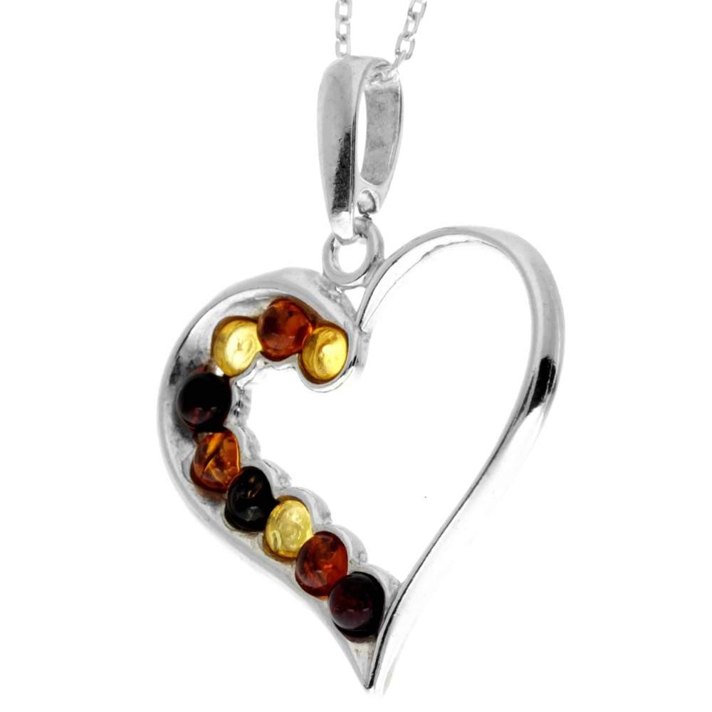 925 Sterling Silver & Genuine Baltic Amber Multi Stone Heart Pendant - AA245