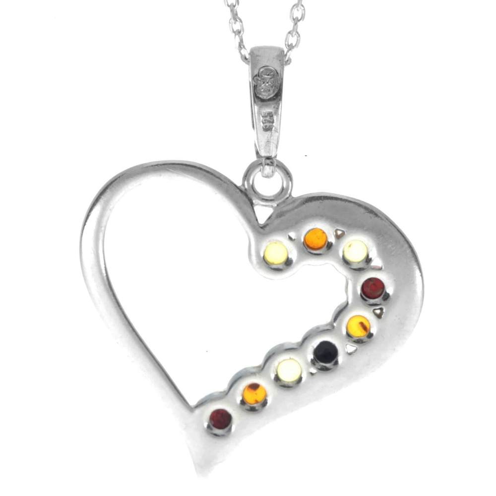 925 Sterling Silver & Genuine Baltic Amber Multi Stone Heart Pendant - AA245