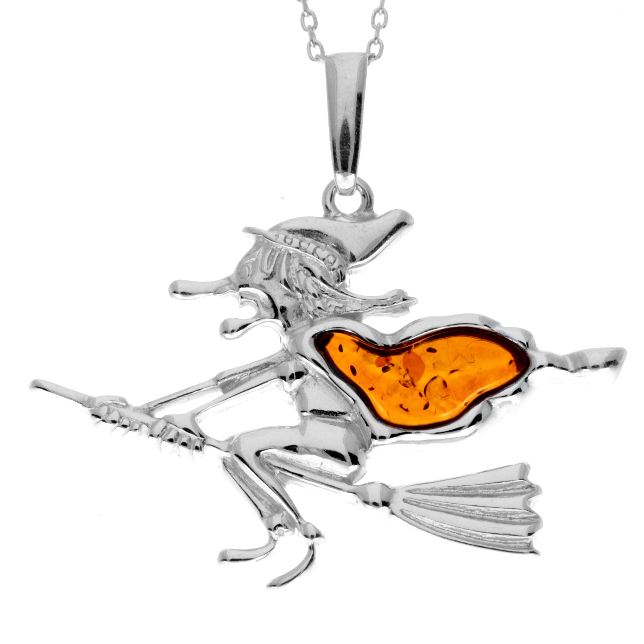 925 Sterling Silver & Genuine Baltic Amber Witch Riding a Broomstick Pendant - AA246