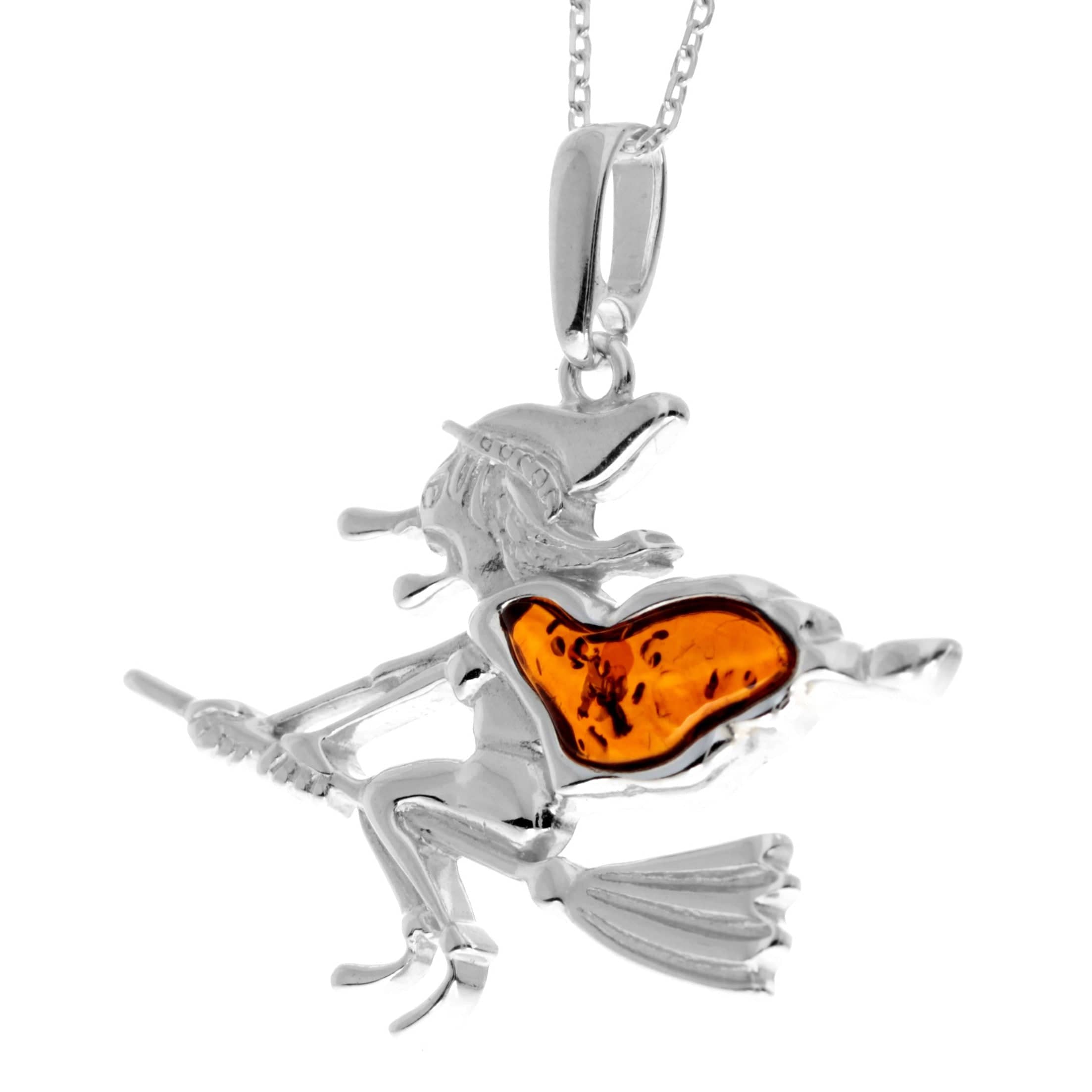 925 Sterling Silver & Genuine Baltic Amber Witch Riding a Broomstick Pendant - AA246