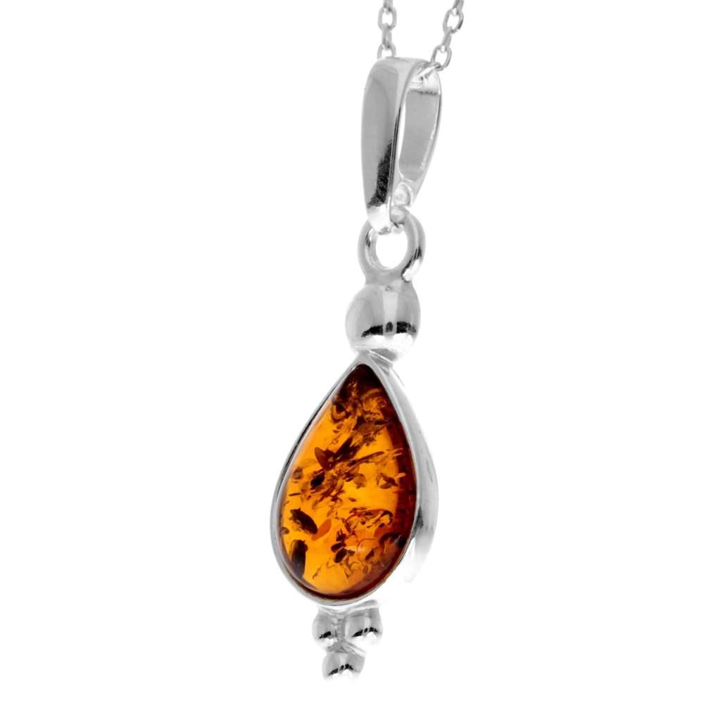 925 Sterling Silver & Genuine Baltic Amber Teardrop Classic Pendant - AA247