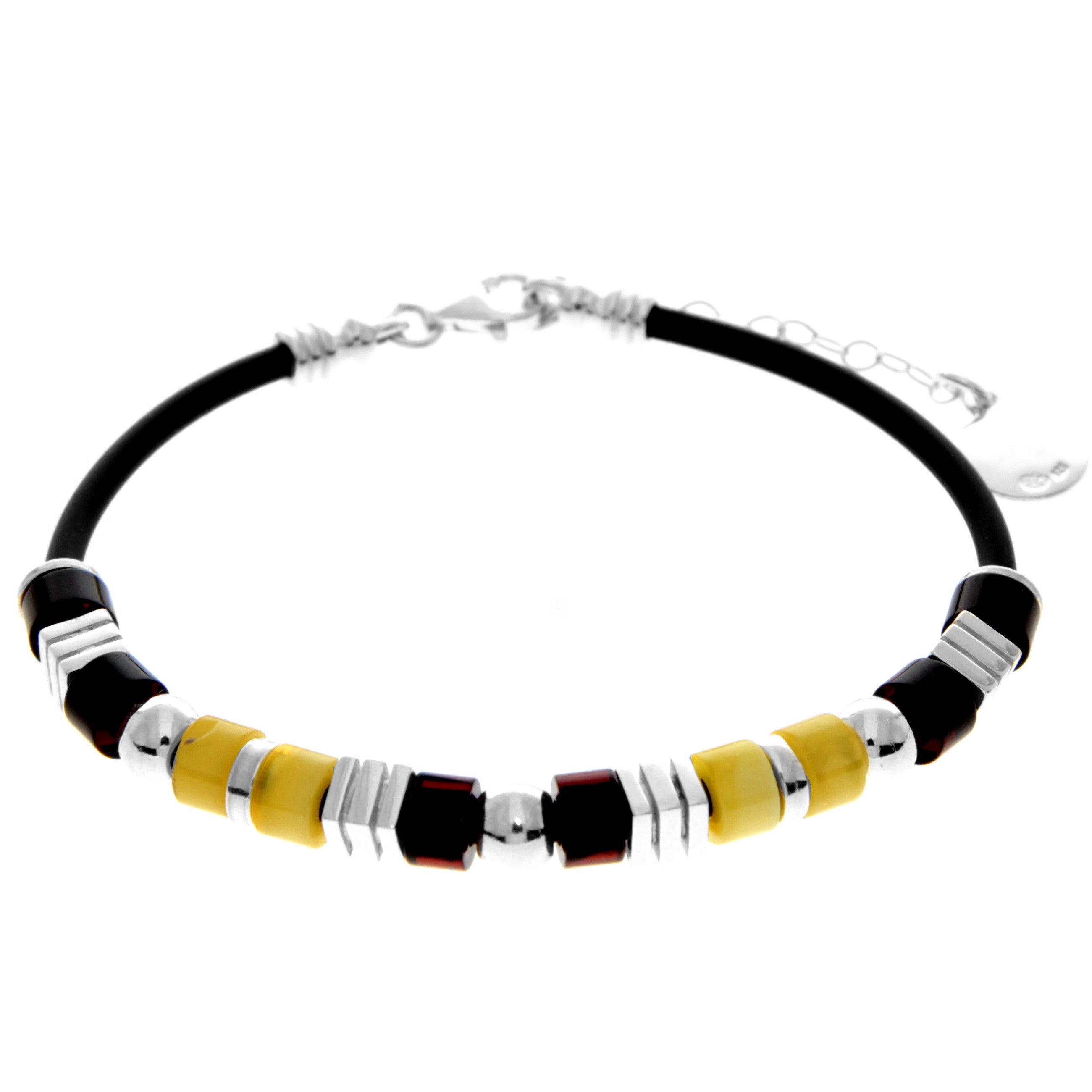 925 Sterling Silver & Genuine Baltic Amber Leather Rope Exclusive Bracelet - AA501