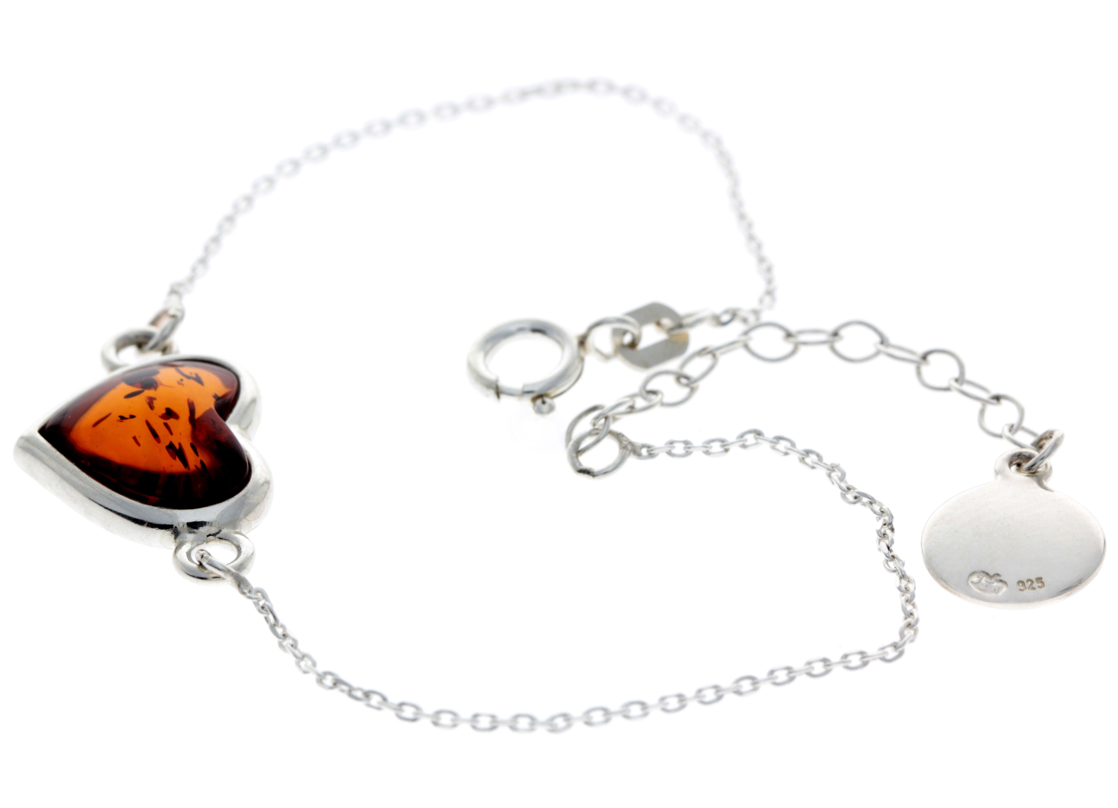 925 Sterling Silver & Genuine Baltic Amber Heart Bracelet 18 cm + 3 cm  - AA503