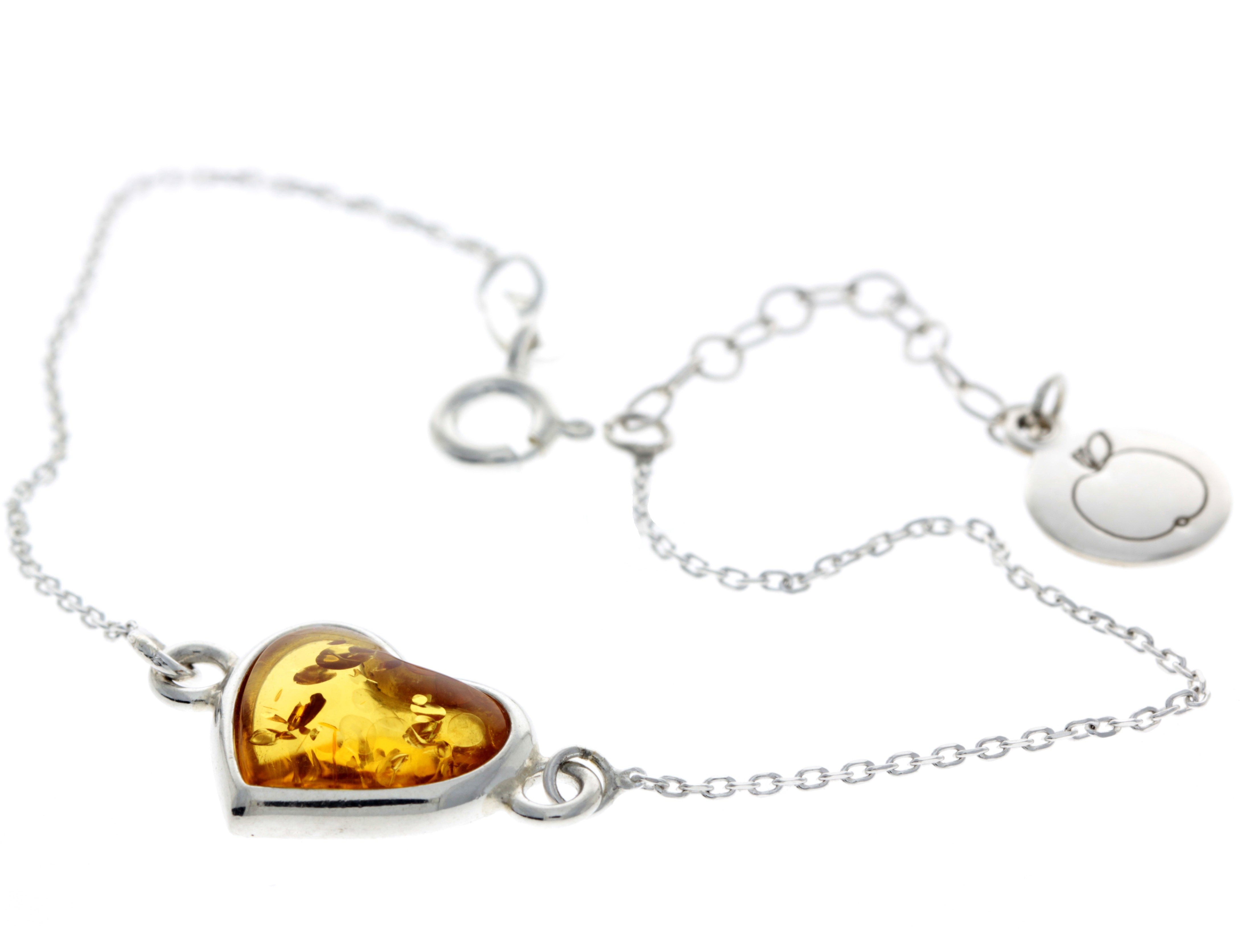 925 Sterling Silver & Genuine Baltic Amber Heart Bracelet 18 cm + 3 cm  - AA503