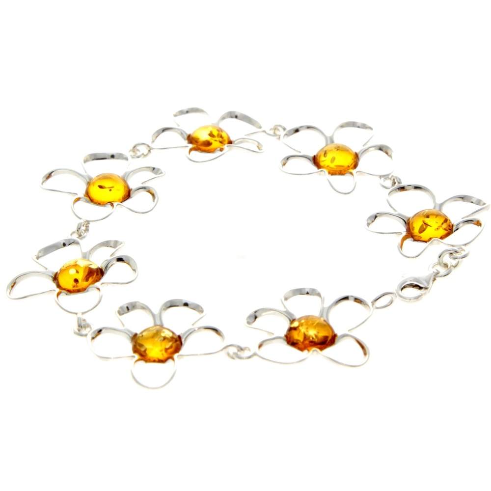 925 Sterling Silver & Genuine Baltic Amber Exclusive Flowers Link Bracelet - AA505