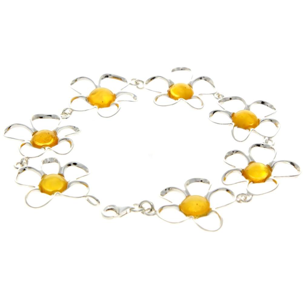 925 Sterling Silver & Genuine Baltic Amber Exclusive Flowers Link Bracelet - AA505