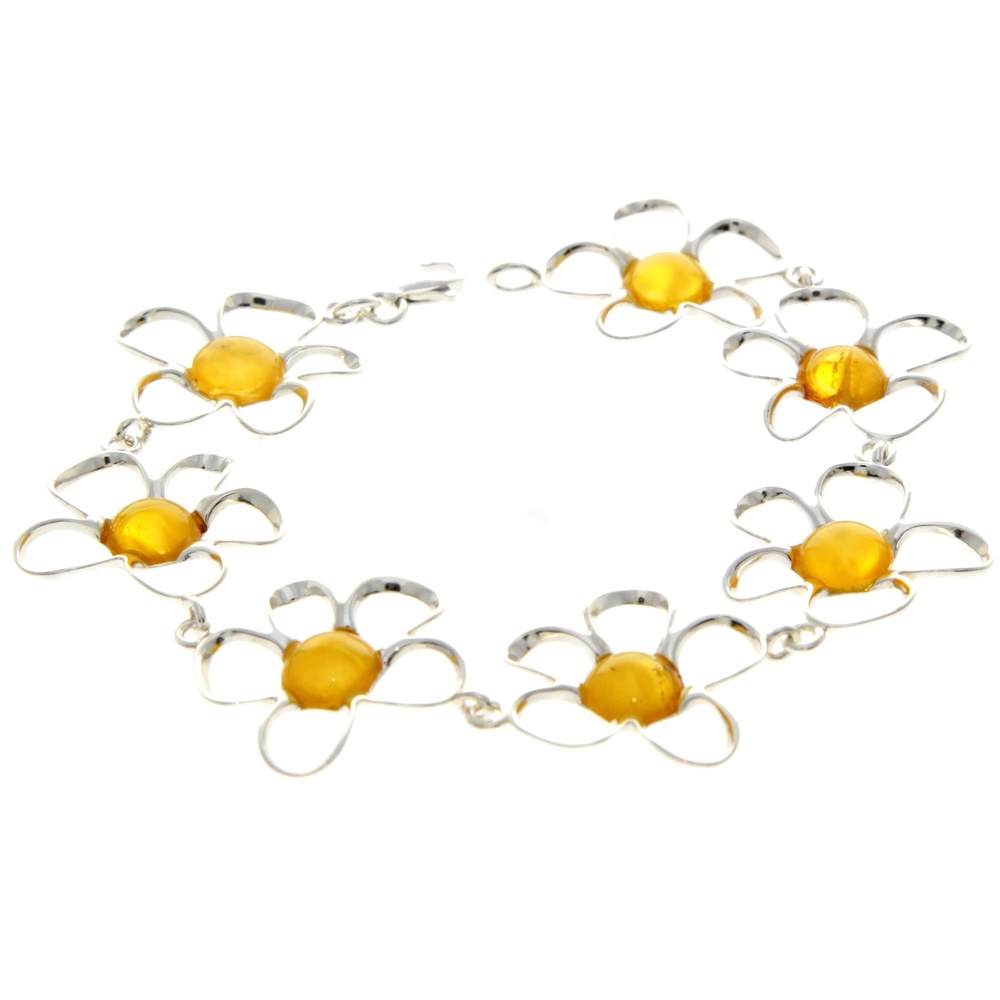 925 Sterling Silver & Genuine Baltic Amber Exclusive Flowers Link Bracelet - AA505