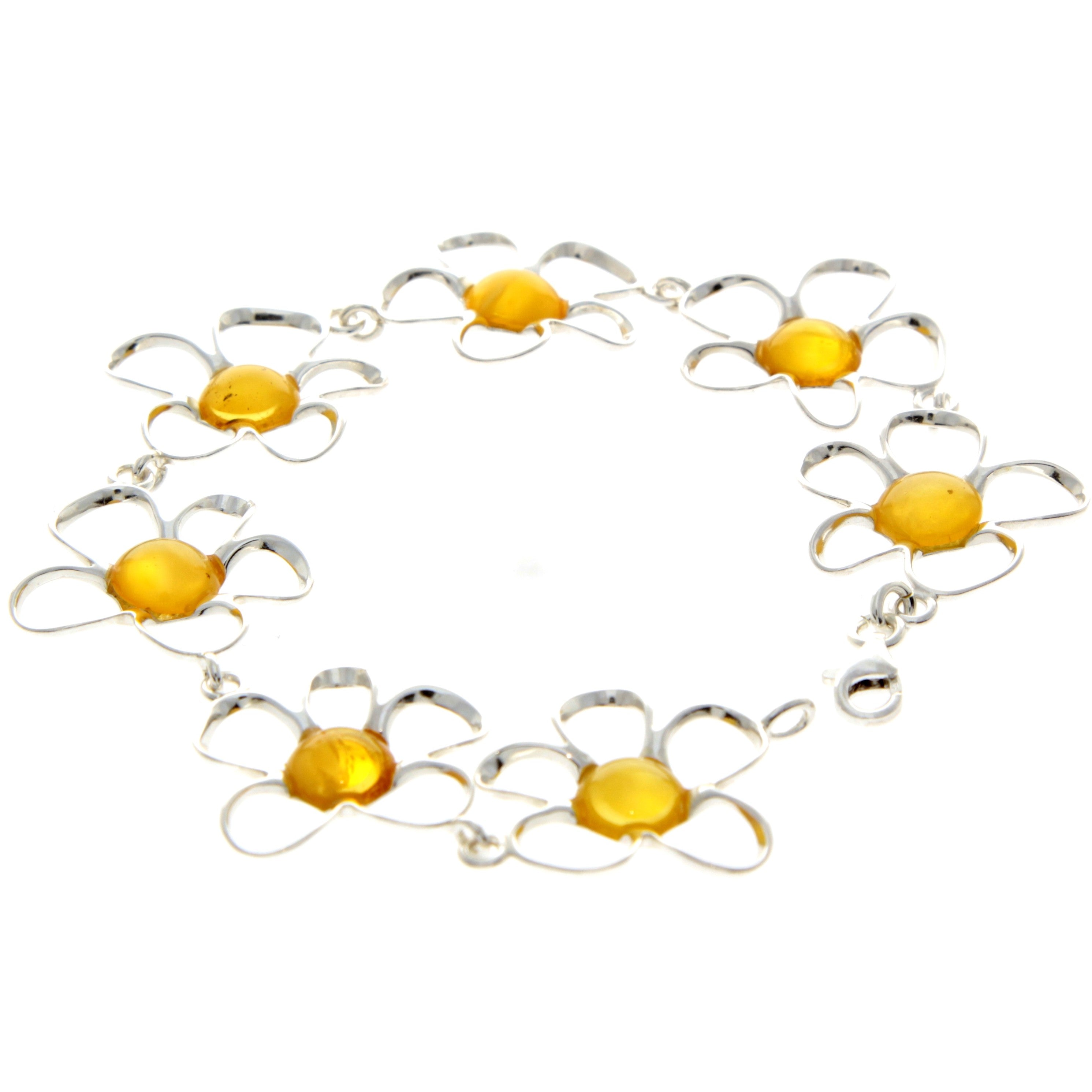925 Sterling Silver & Genuine Baltic Amber Exclusive Flowers Link Bracelet - AA505
