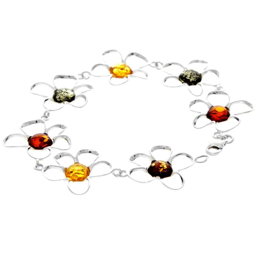 925 Sterling Silver & Genuine Baltic Amber Exclusive Flowers Link Bracelet - AA505