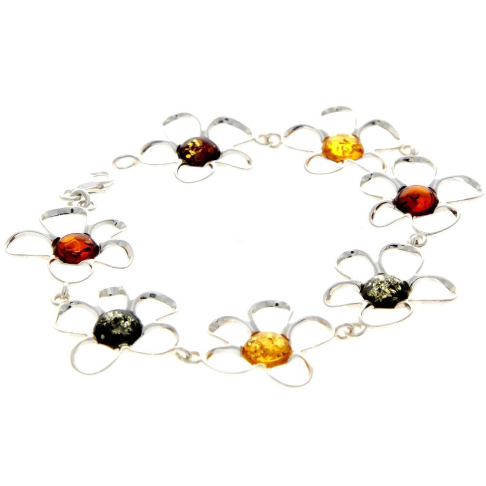 925 Sterling Silver & Genuine Baltic Amber Exclusive Flowers Link Bracelet - AA505