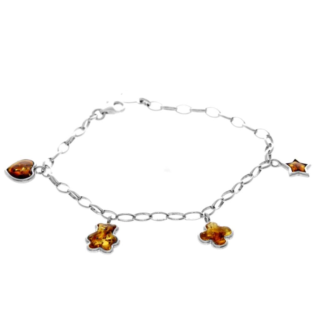 925 Sterling Silver & Genuine Baltic Amber Chain Charms Link Bracelet - AA506