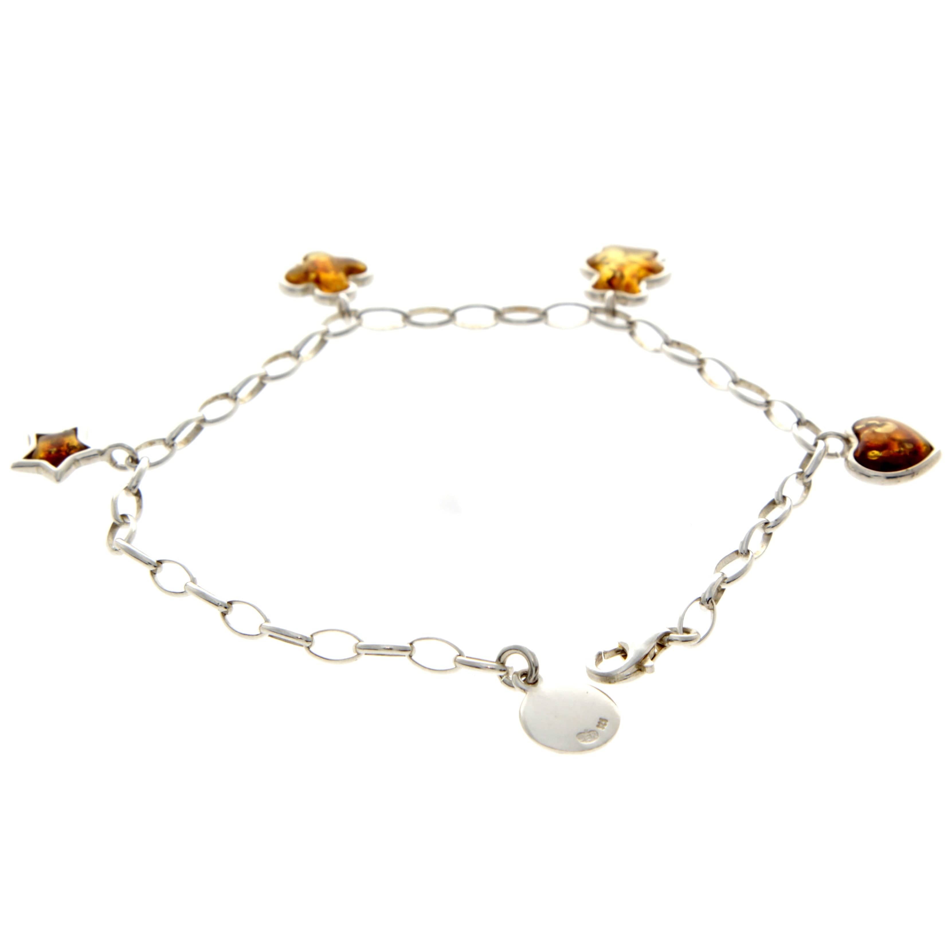 925 Sterling Silver & Genuine Baltic Amber Chain Charms Link Bracelet - AA506