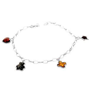 925 Sterling Silver & Genuine Baltic Amber Chain Charms Link Bracelet - AA506