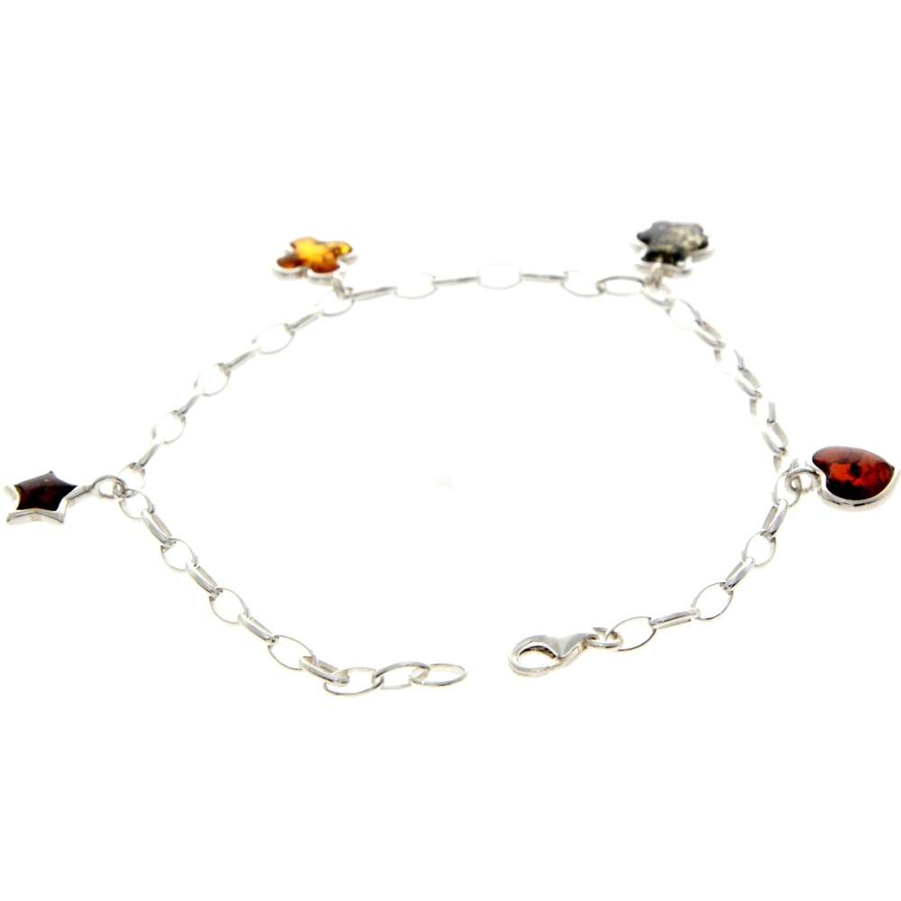 925 Sterling Silver & Genuine Baltic Amber Chain Charms Link Bracelet - AA506