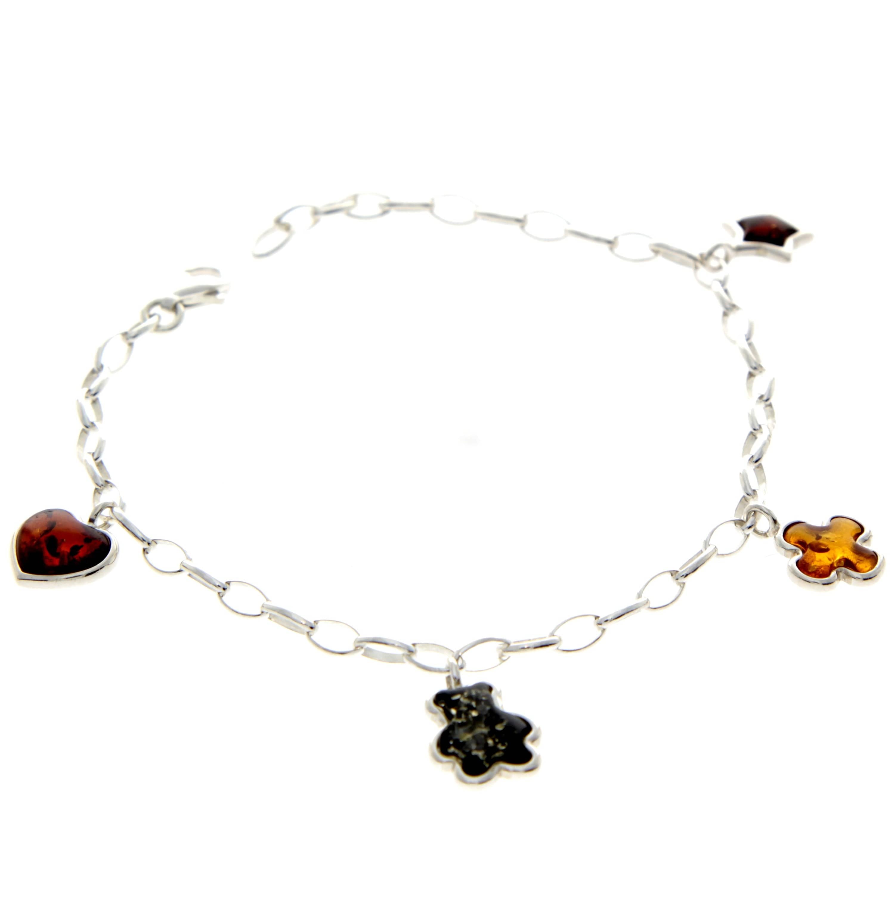 925 Sterling Silver & Genuine Baltic Amber Chain Charms Link Bracelet - AA506