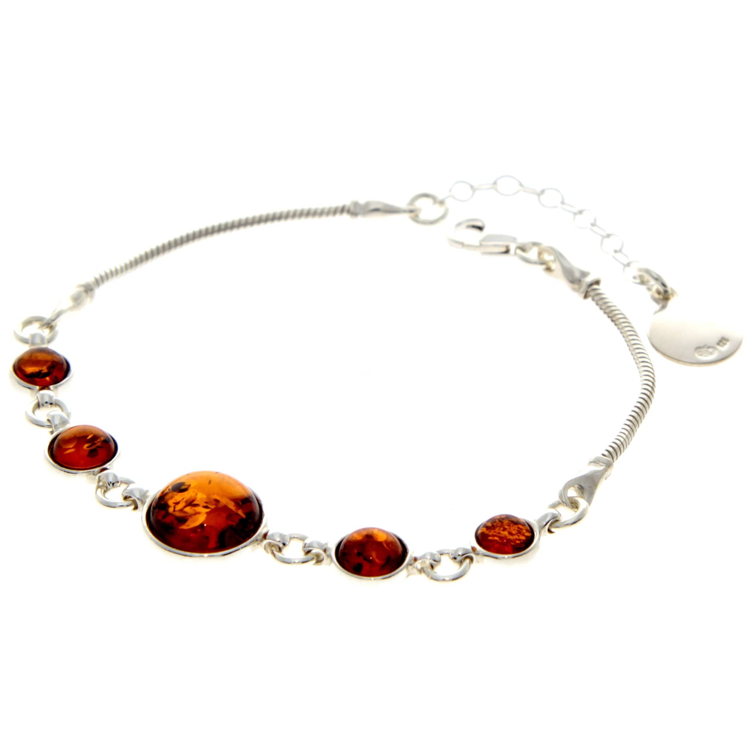 925 Sterling Silver & Genuine Baltic Amber Snake Chain Bracelet with extender - AA507