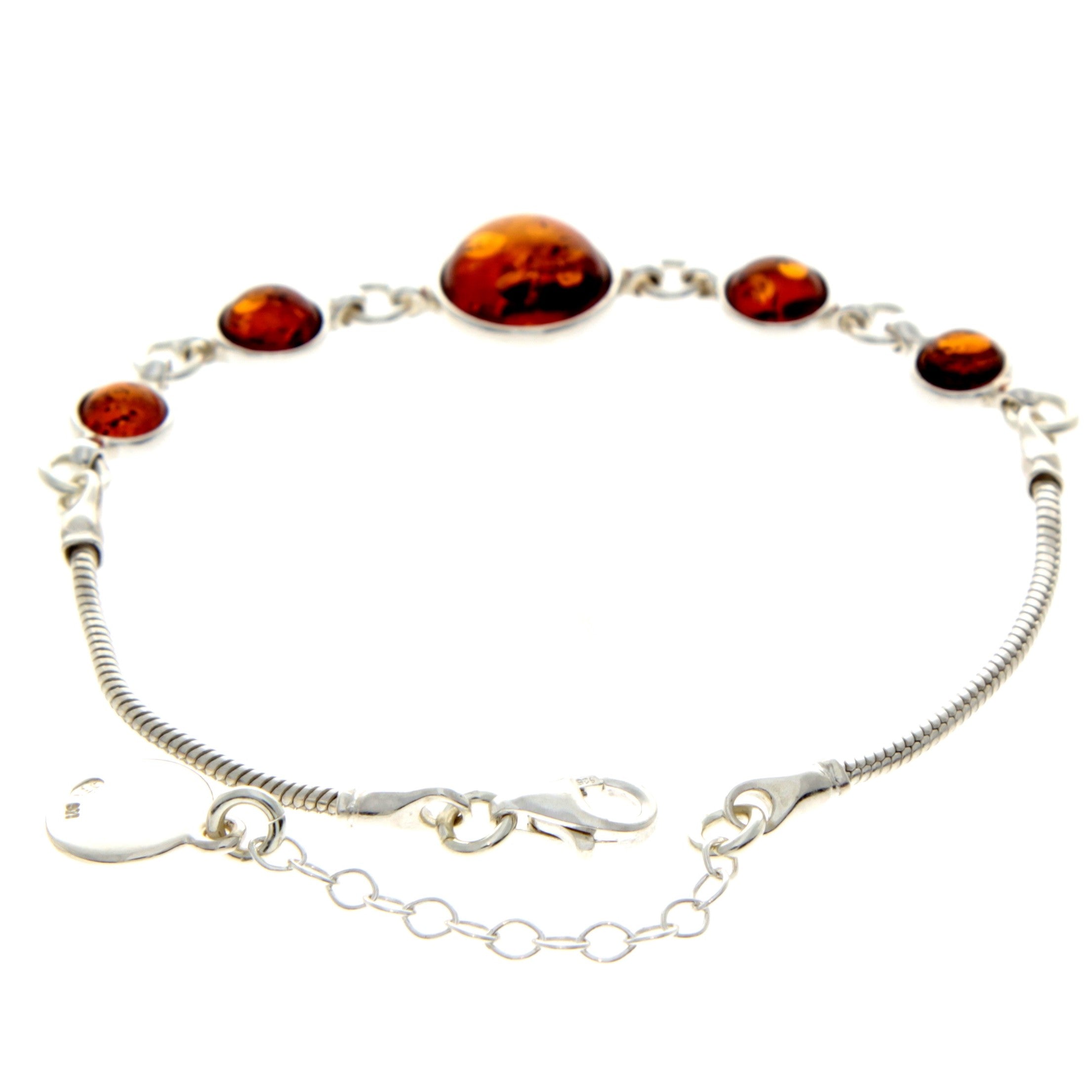 925 Sterling Silver & Genuine Baltic Amber Snake Chain Bracelet with extender - AA507