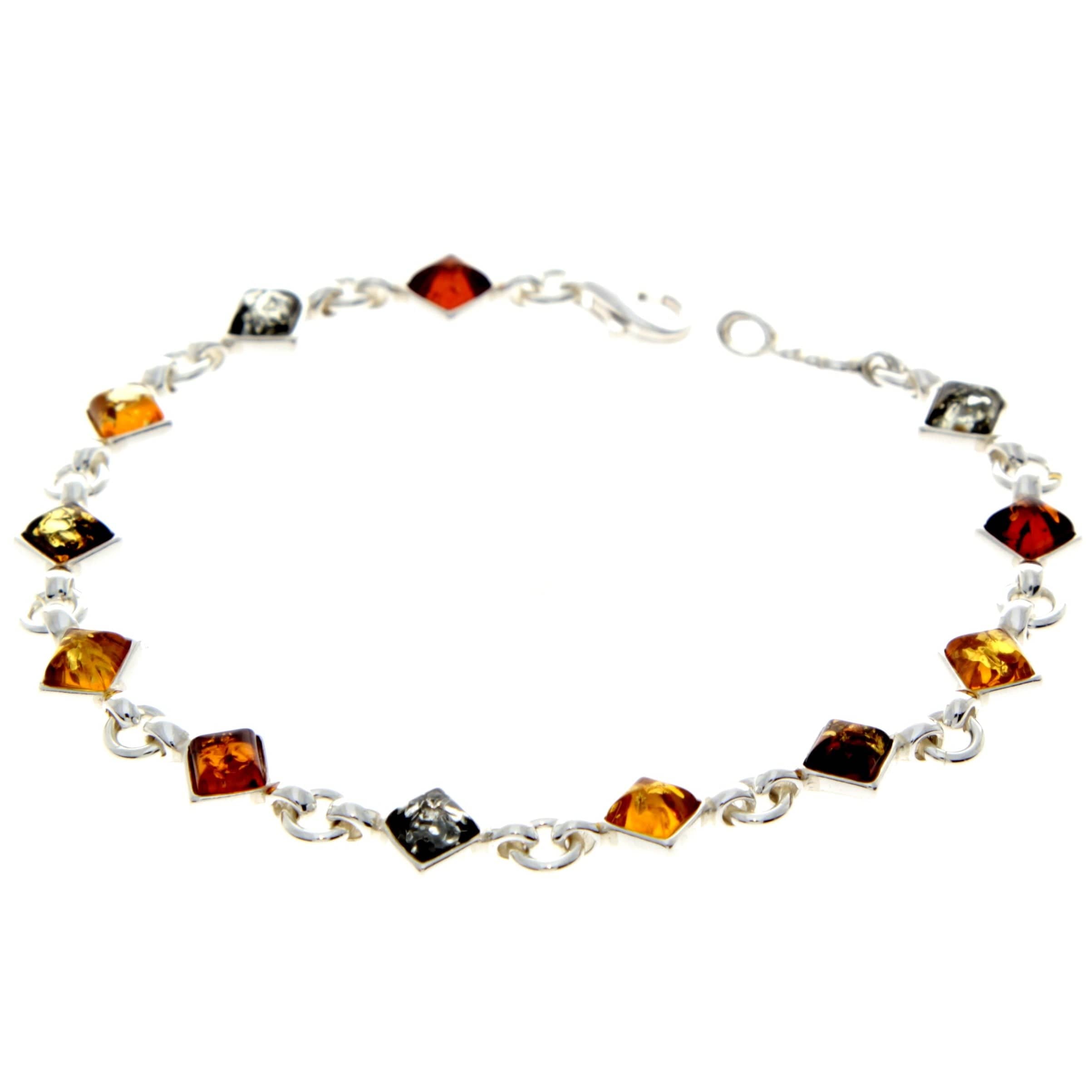 925 Sterling Silver & Genuine Baltic Amber Square Stones Link Bracelet - AA508