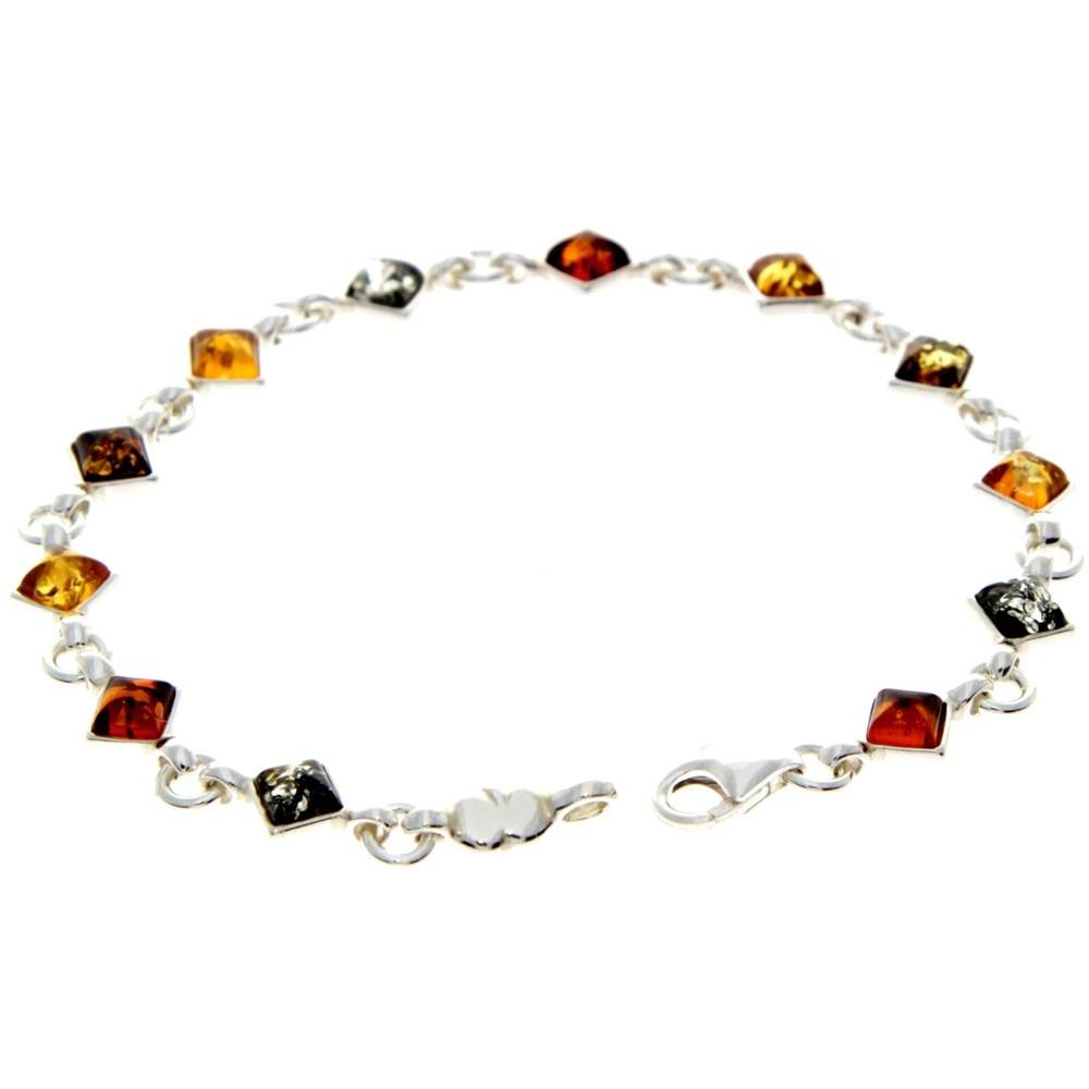 925 Sterling Silver & Genuine Baltic Amber Square Stones Link Bracelet - AA508