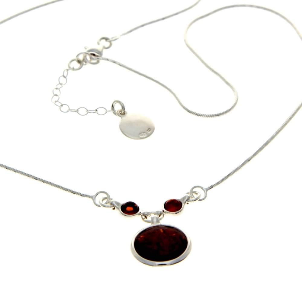 925 Sterling Silver & Genuine Baltic Amber Multi Stones Round Classic Exclusive Necklace - AA902