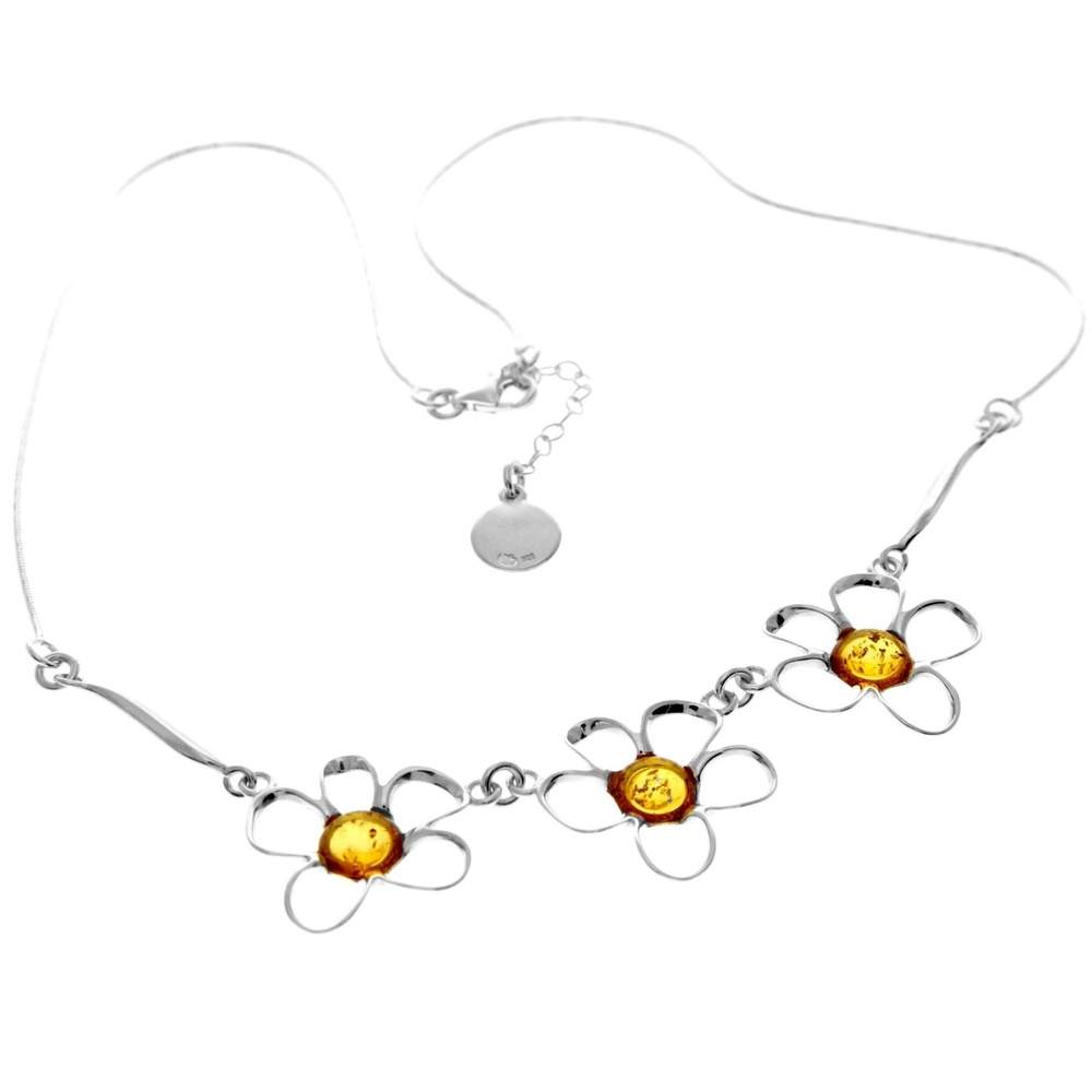 925 Sterling Silver & Genuine Baltic Amber Multi Stones Flowers Modern Exclusive Necklace - AA906