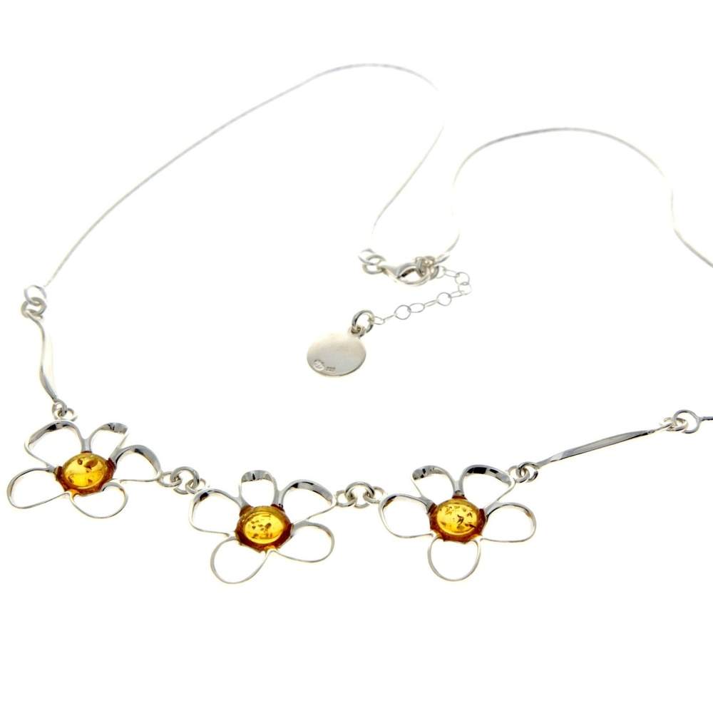 925 Sterling Silver & Genuine Baltic Amber Multi Stones Flowers Modern Exclusive Necklace - AA906