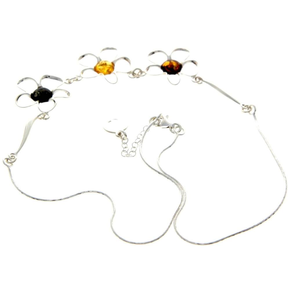 925 Sterling Silver & Genuine Baltic Amber Multi Stones Flowers Modern Exclusive Necklace - AA906