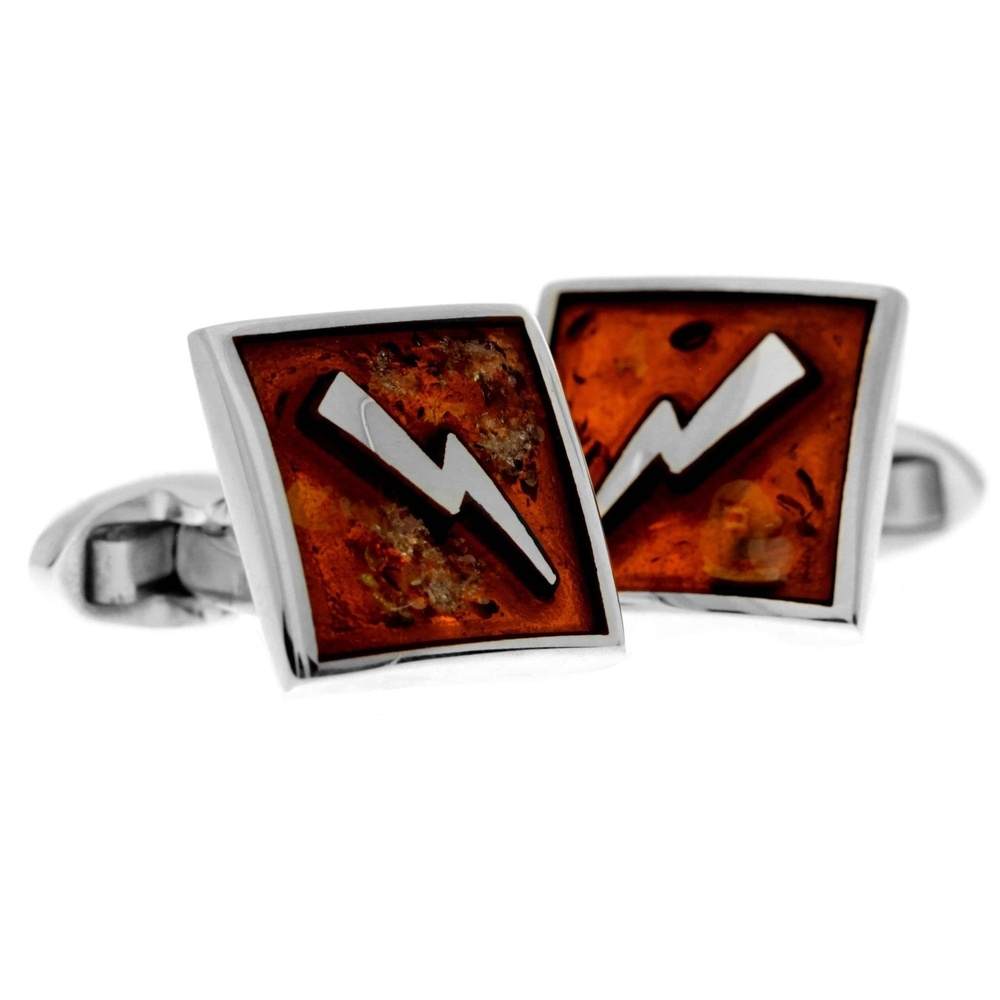 925 Sterling Silver & Genuine Baltic Amber Exclusive Thunder Lightning Cufflinks - AAC008