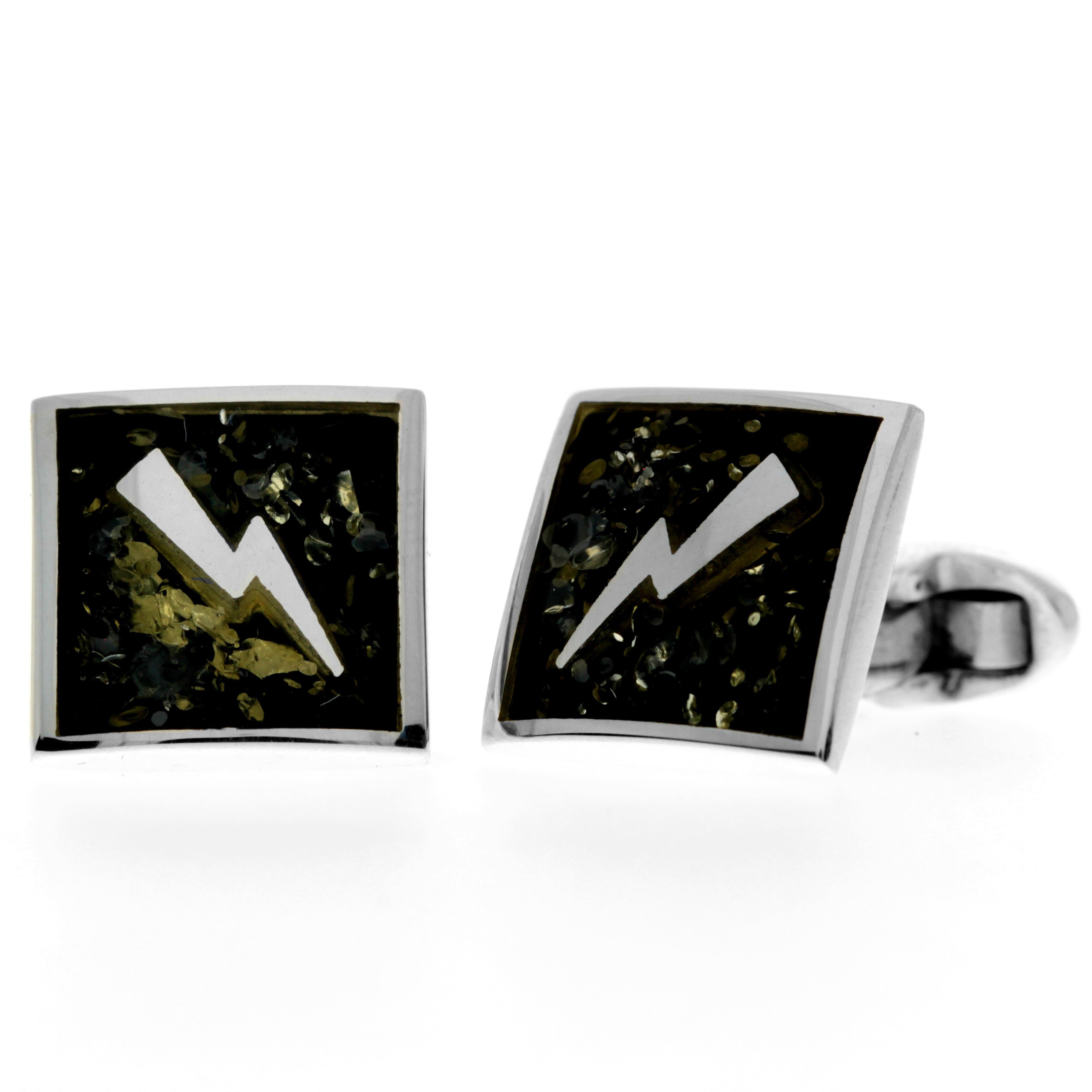925 Sterling Silver & Genuine Baltic Amber Exclusive Thunder Lightning Cufflinks - AAC008