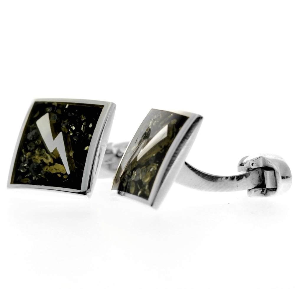 925 Sterling Silver & Genuine Baltic Amber Exclusive Thunder Lightning Cufflinks - AAC008