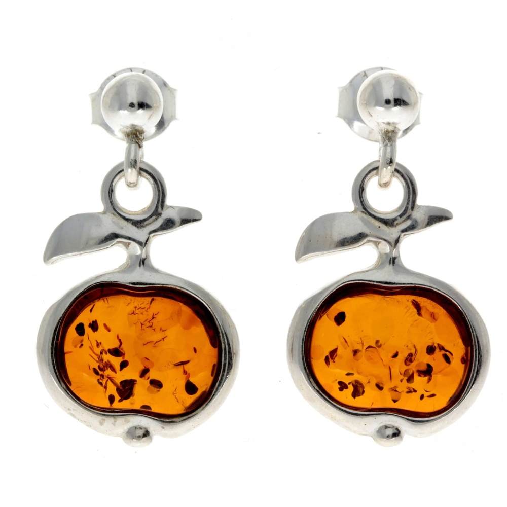 925 Sterling silver & Genuine Baltic Amber Modern Drop Apple Earrings - AB001C