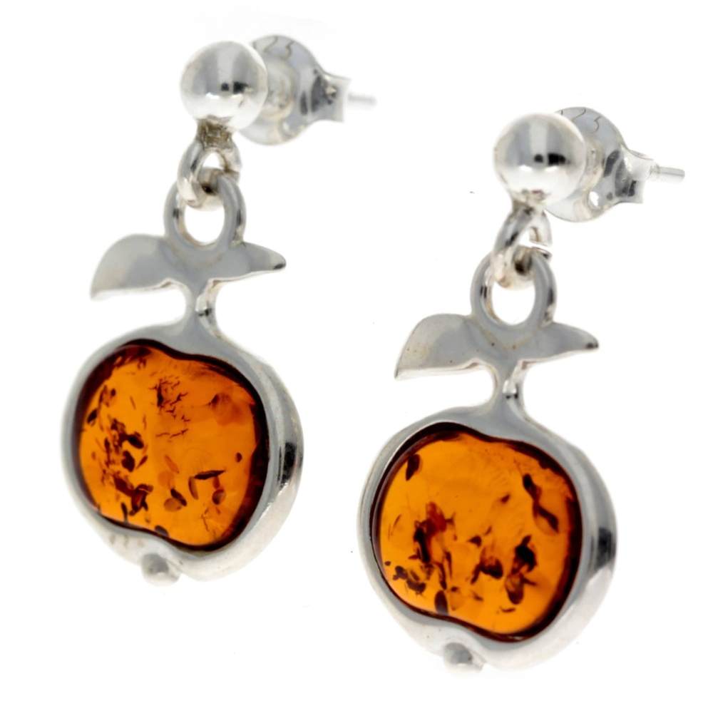 925 Sterling silver & Genuine Baltic Amber Modern Drop Apple Earrings - AB001C