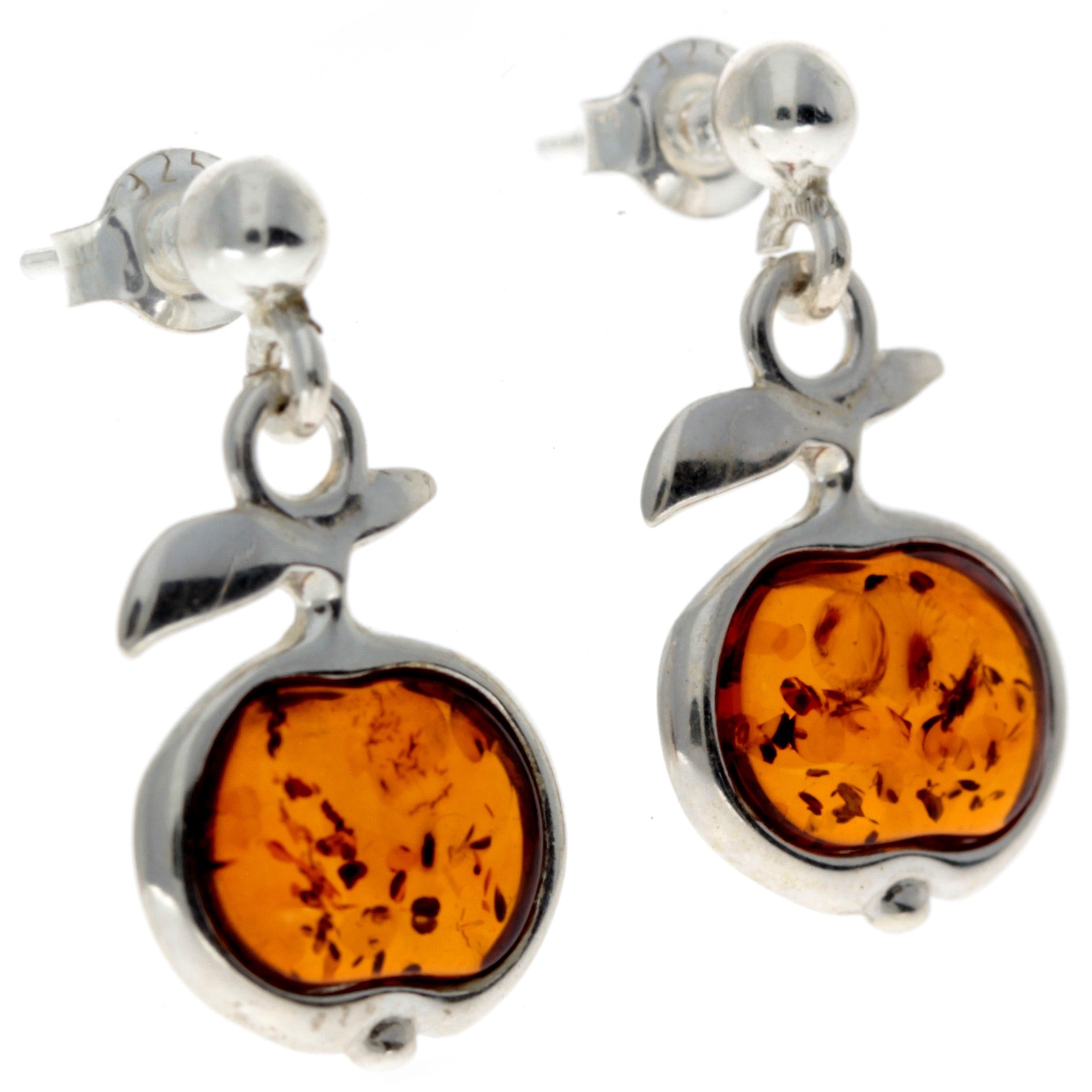 925 Sterling silver & Genuine Baltic Amber Modern Drop Apple Earrings - AB001C