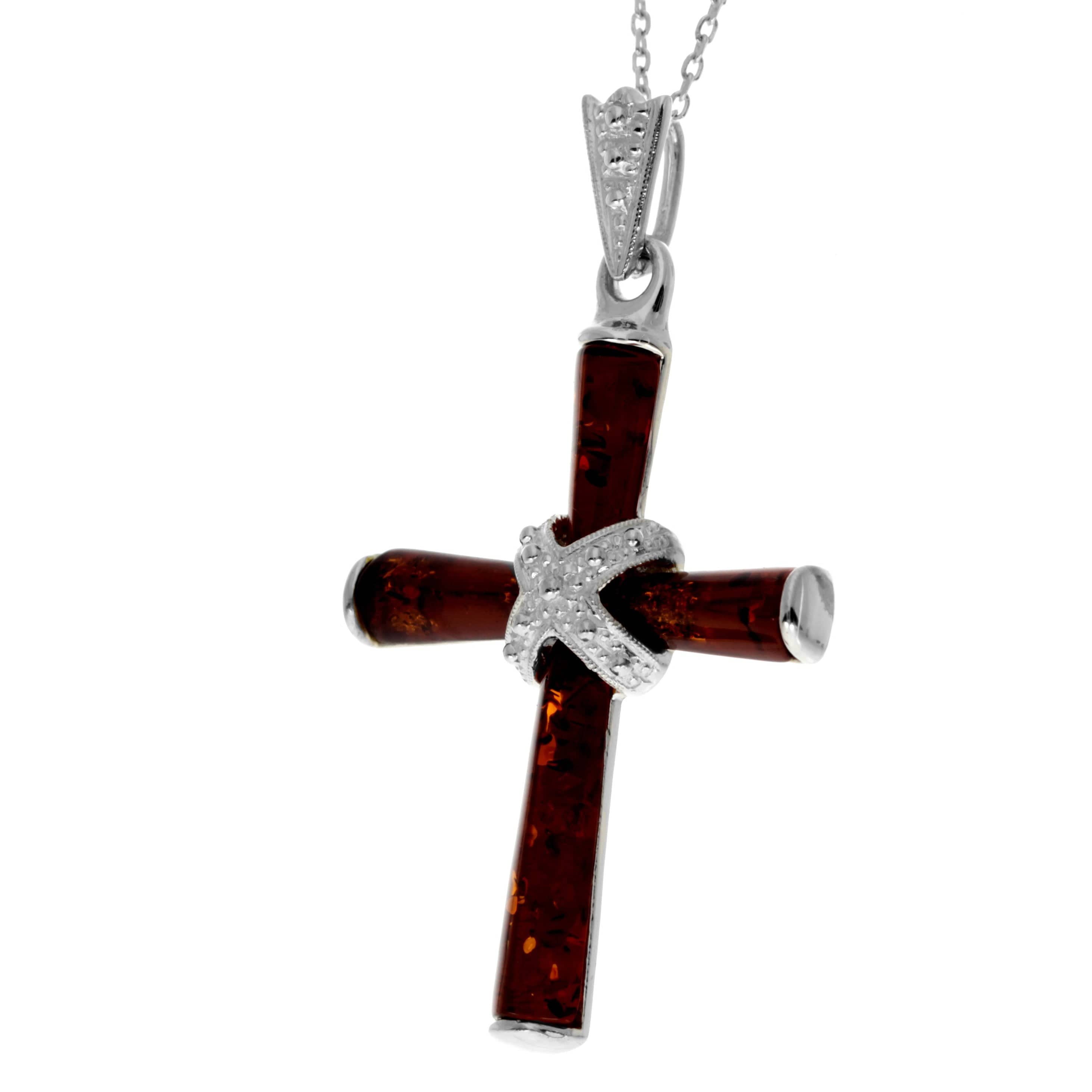 925 Sterling Silver & Genuine Baltic Amber Cross Pendant - AB207