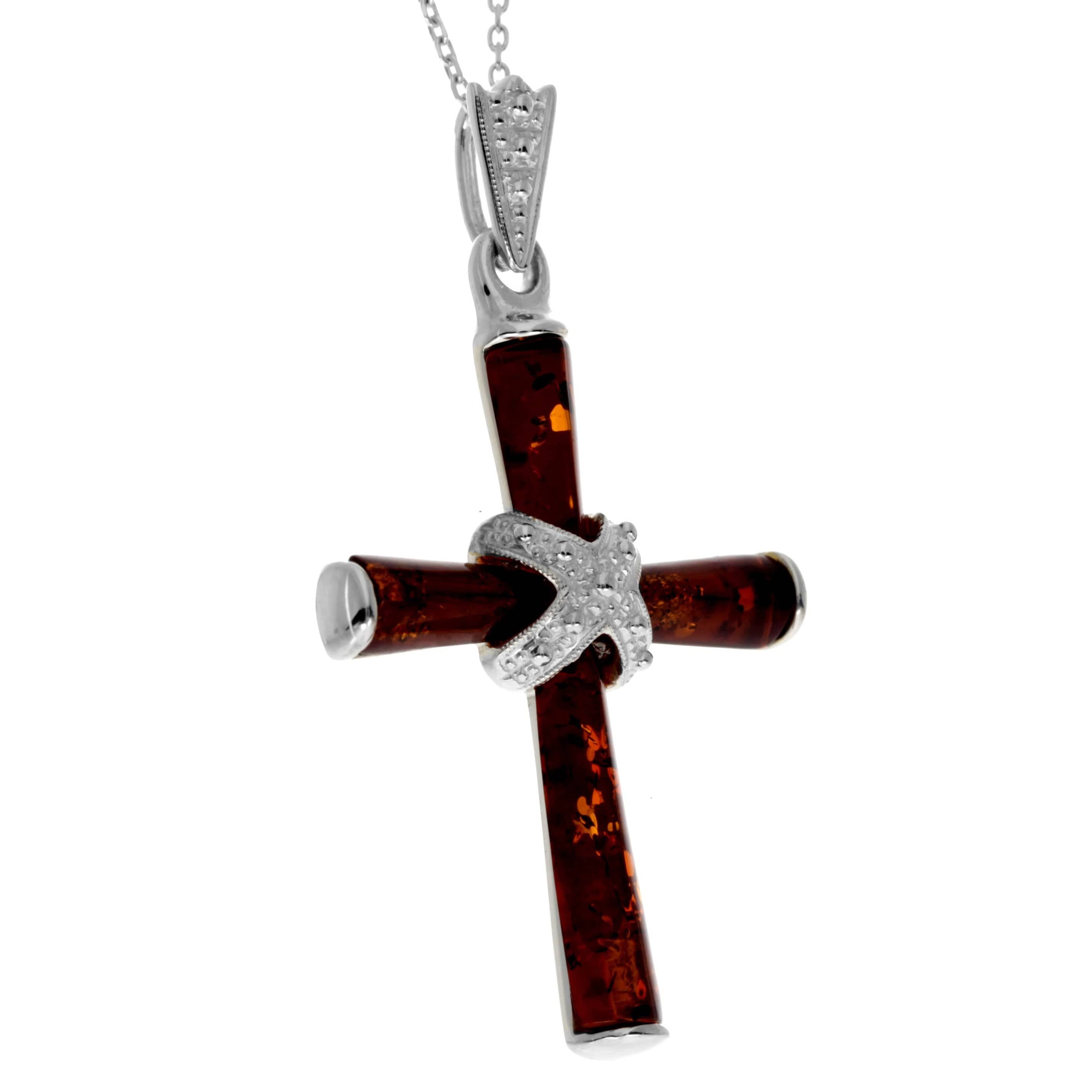 925 Sterling Silver & Genuine Baltic Amber Cross Pendant - AB207