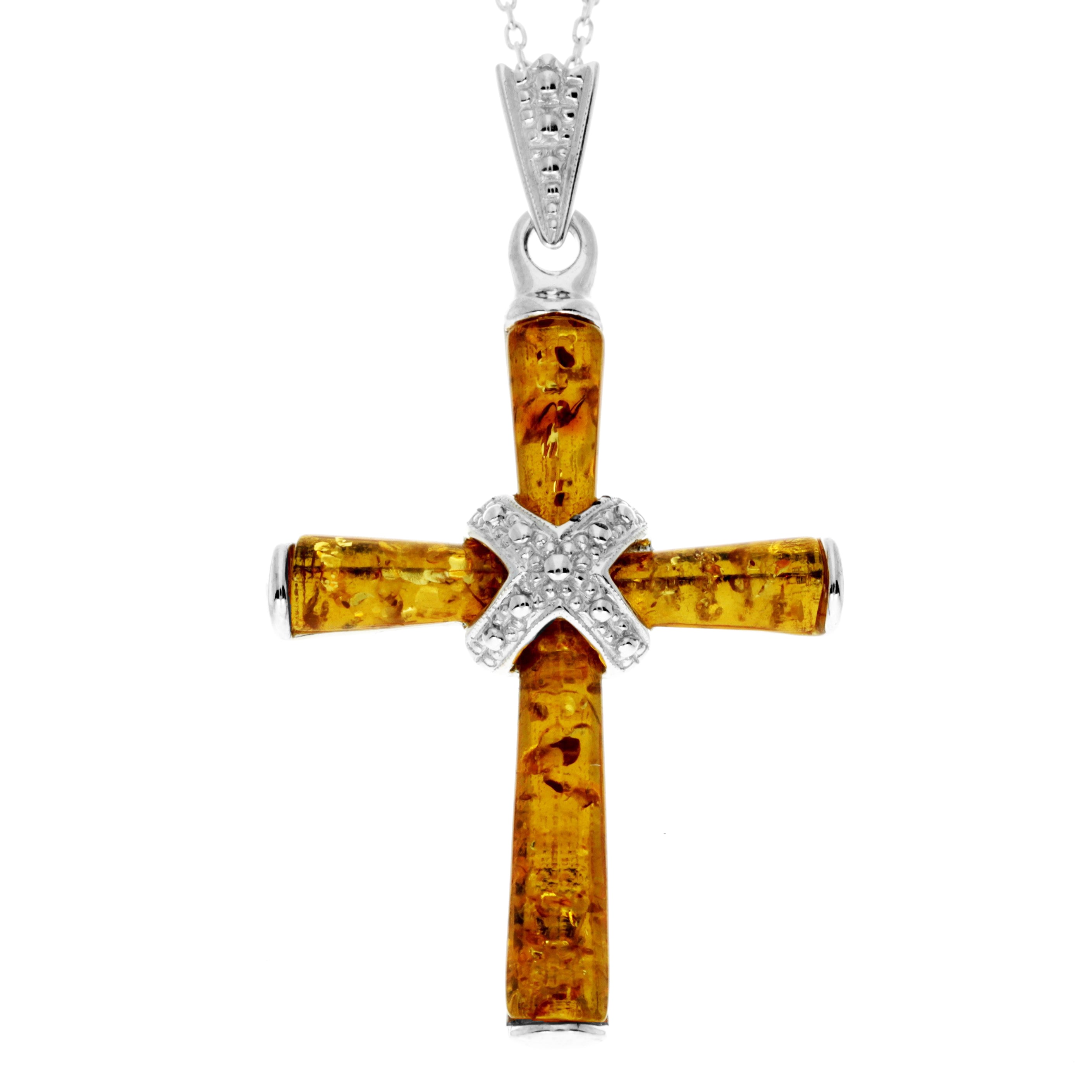 925 Sterling Silver & Genuine Baltic Amber Cross Pendant - AB207
