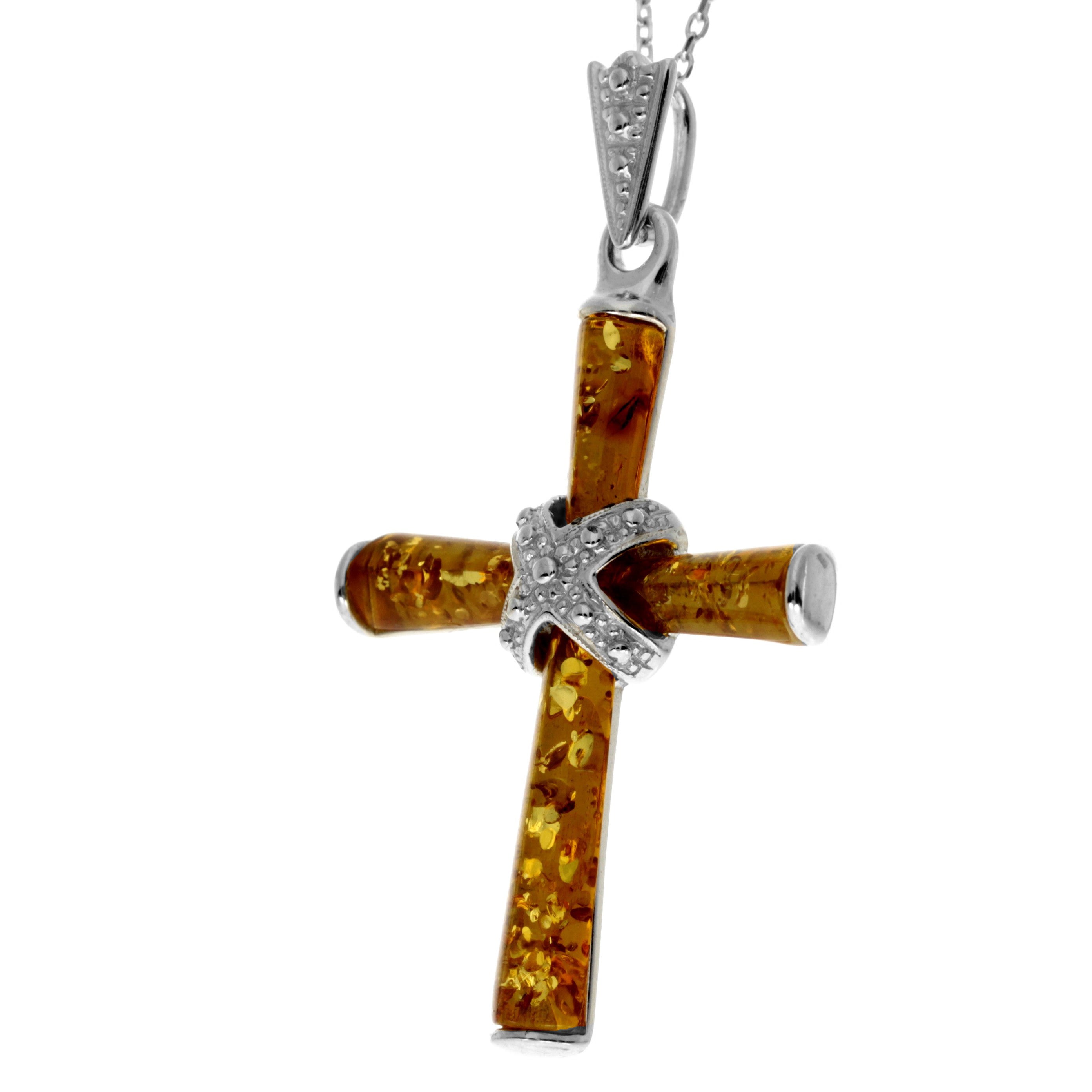 925 Sterling Silver & Genuine Baltic Amber Cross Pendant - AB207