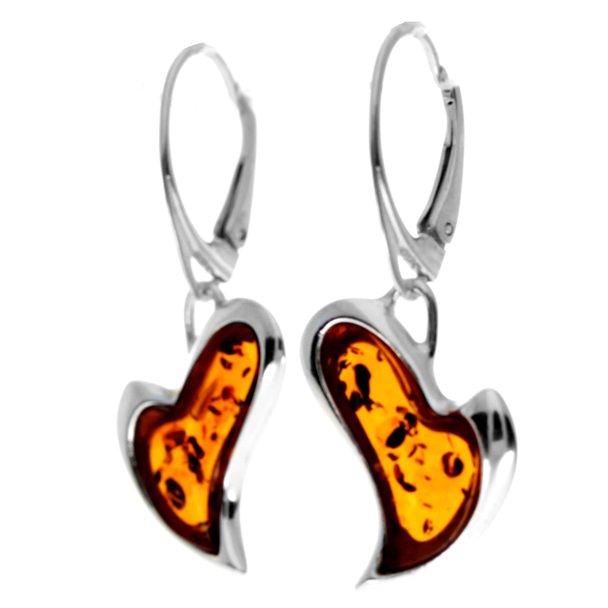 925 Sterling Silver & Genuine Baltic Amber Drop Modern Hearts Earrings - AC005D