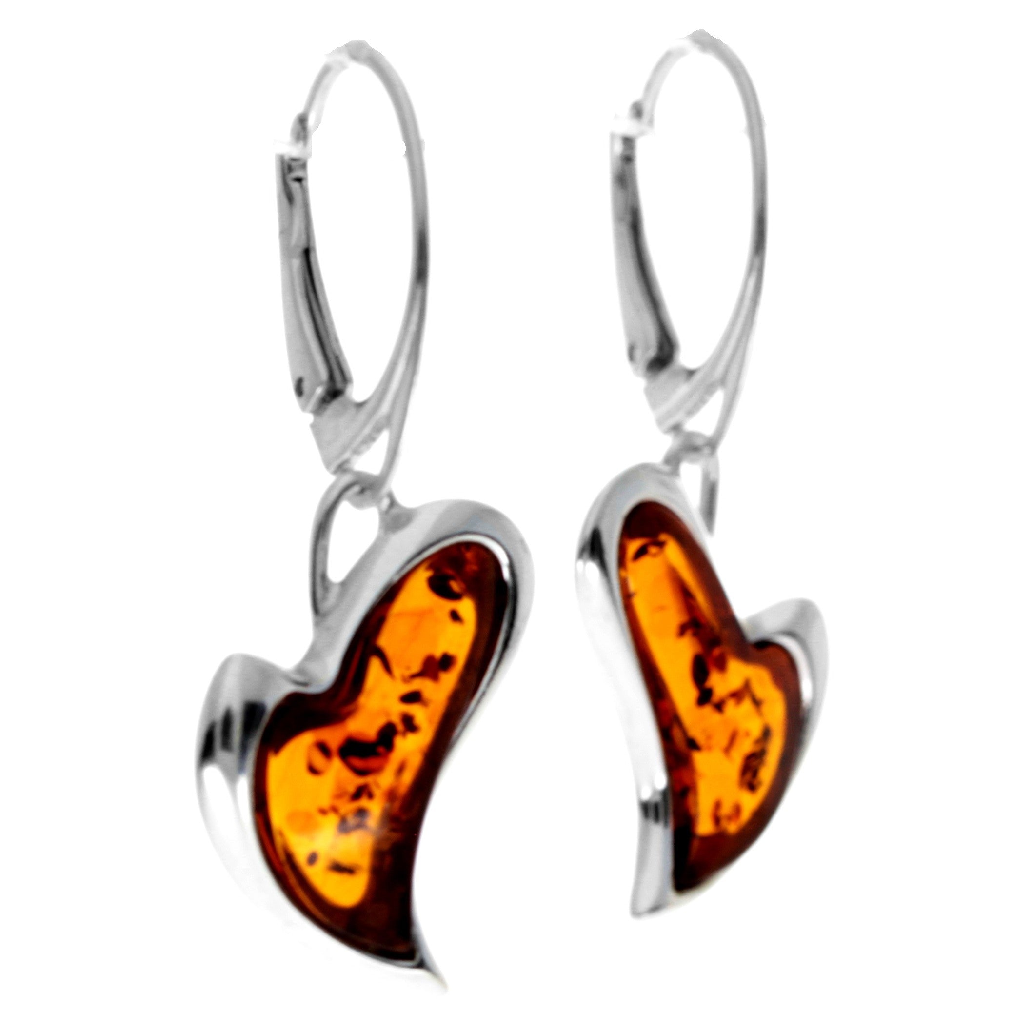 925 Sterling Silver & Genuine Baltic Amber Drop Modern Hearts Earrings - AC005D