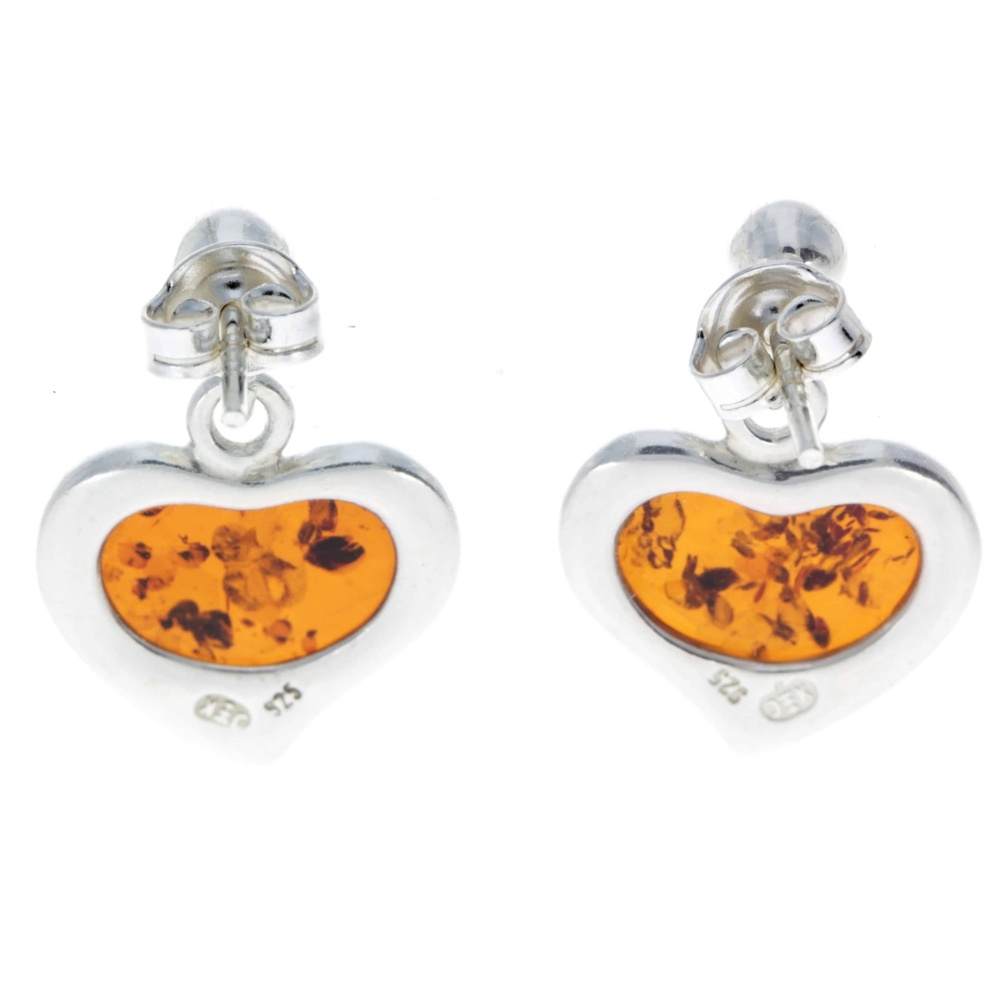 925 Sterling Silver & Genuine Baltic Amber Classic Hearts Drop Earrings - AC019