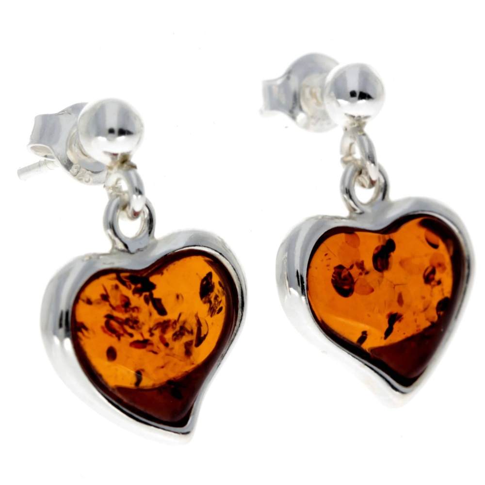 925 Sterling Silver & Genuine Baltic Amber Classic Hearts Drop Earrings - AC019