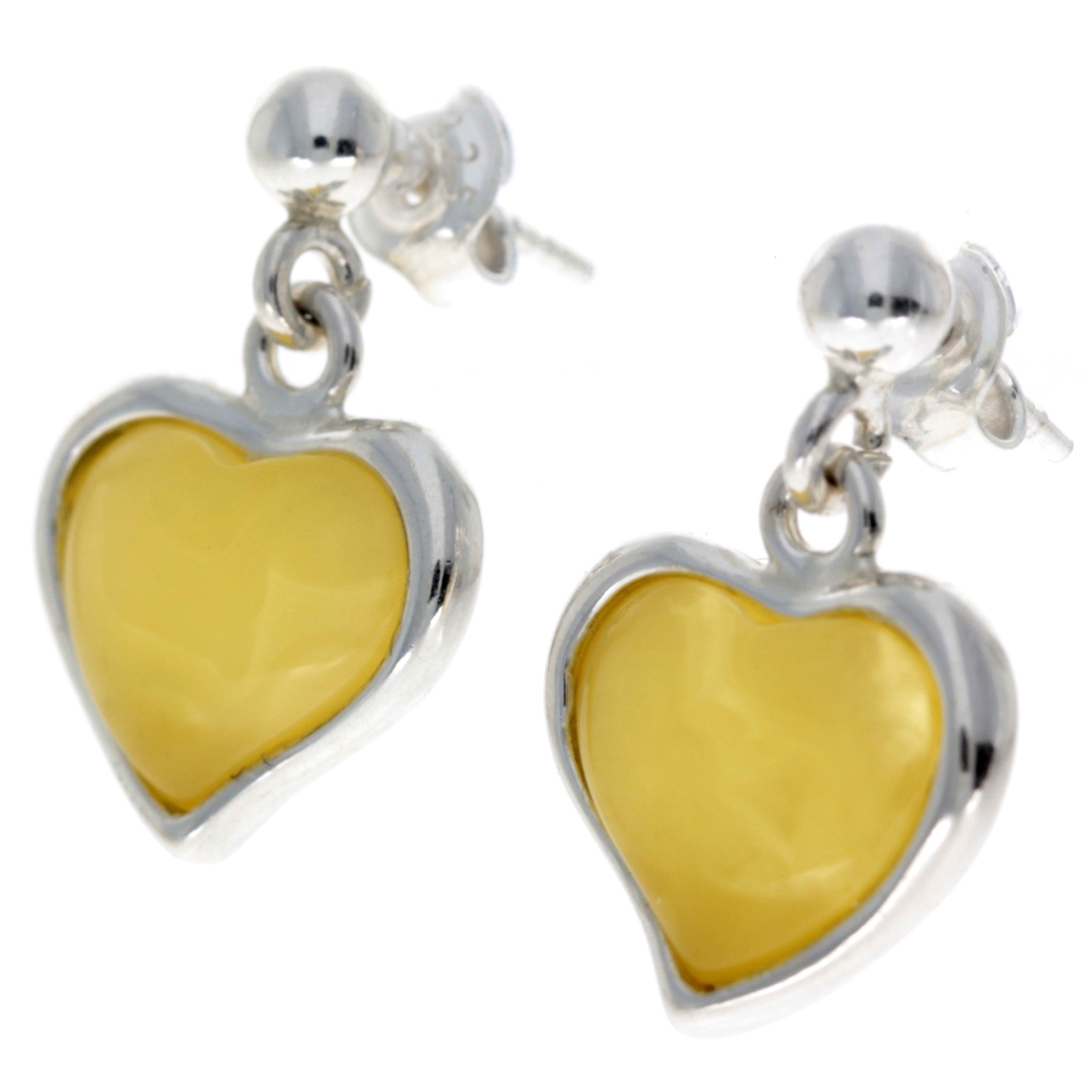 925 Sterling Silver & Genuine Baltic Amber Classic Hearts Drop Earrings - AC019
