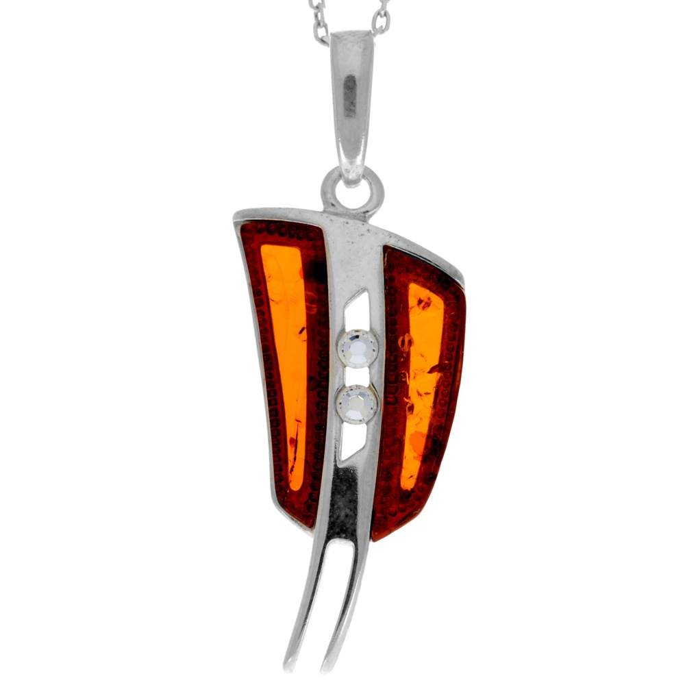 925 Sterling Silver & Genuine Baltic Amber Modern Drop Pendant with Zirconia - AC211