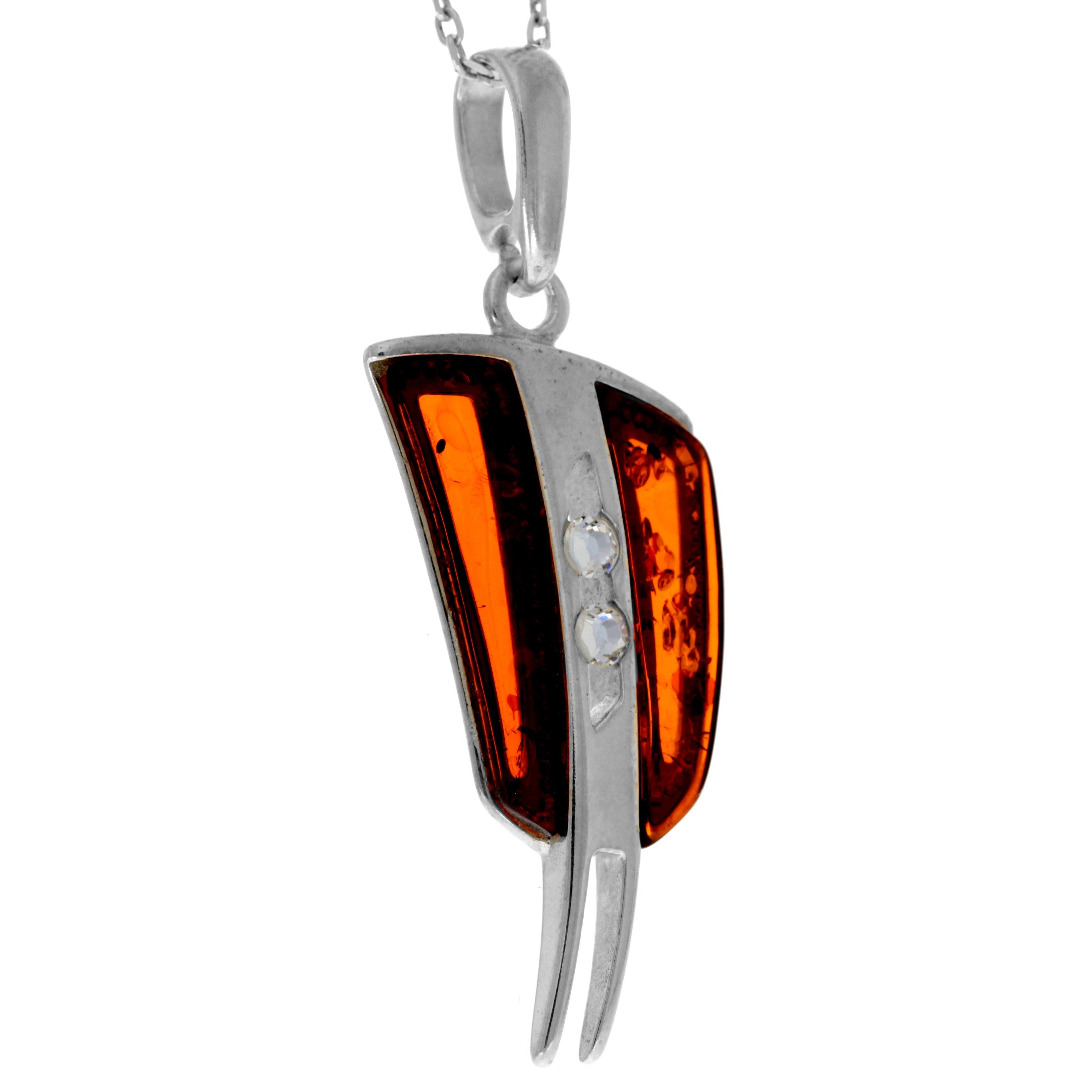 925 Sterling Silver & Genuine Baltic Amber Modern Drop Pendant with Zirconia - AC211