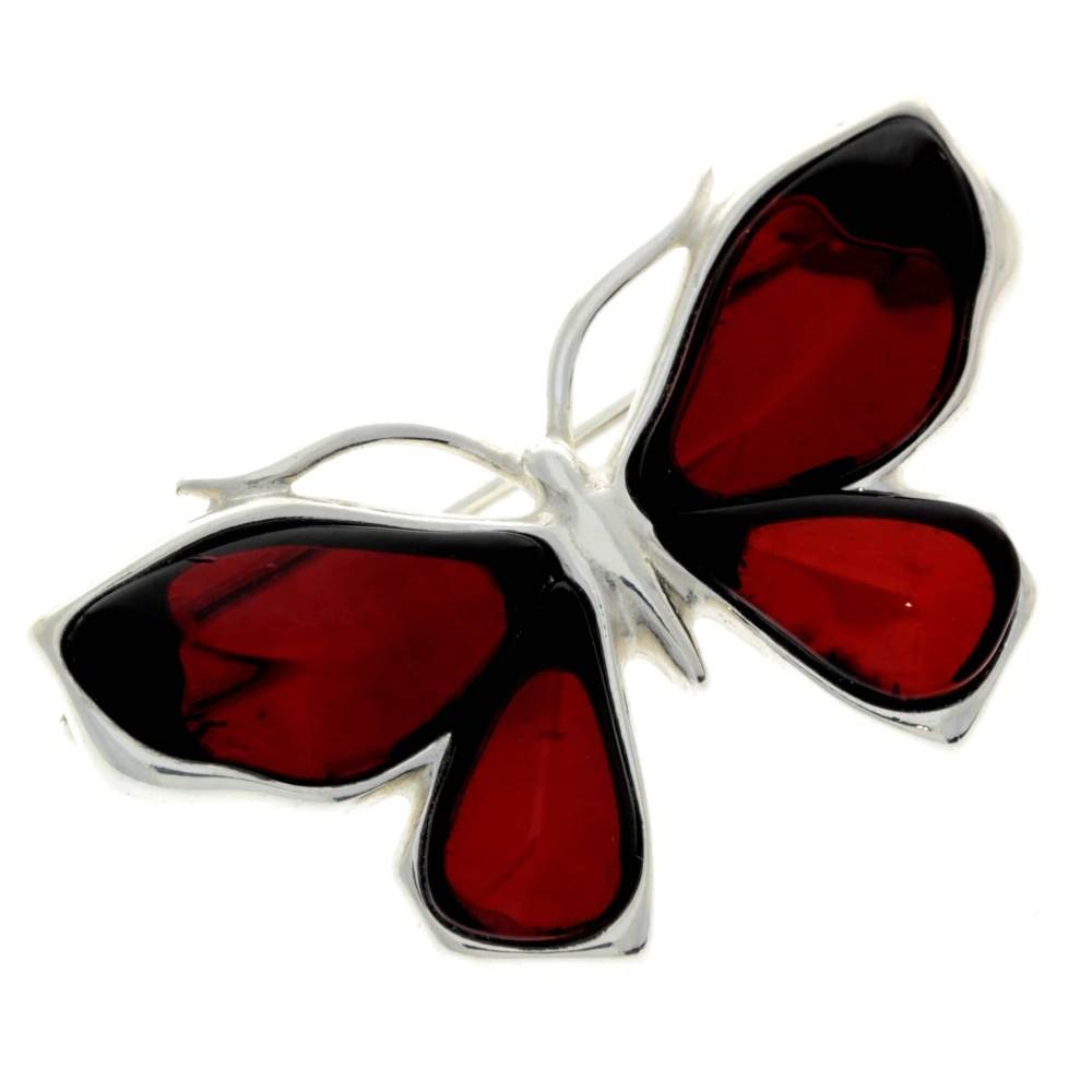 925 Sterling Silver & Baltic Amber Butterfly Engraved Brooch - AC800