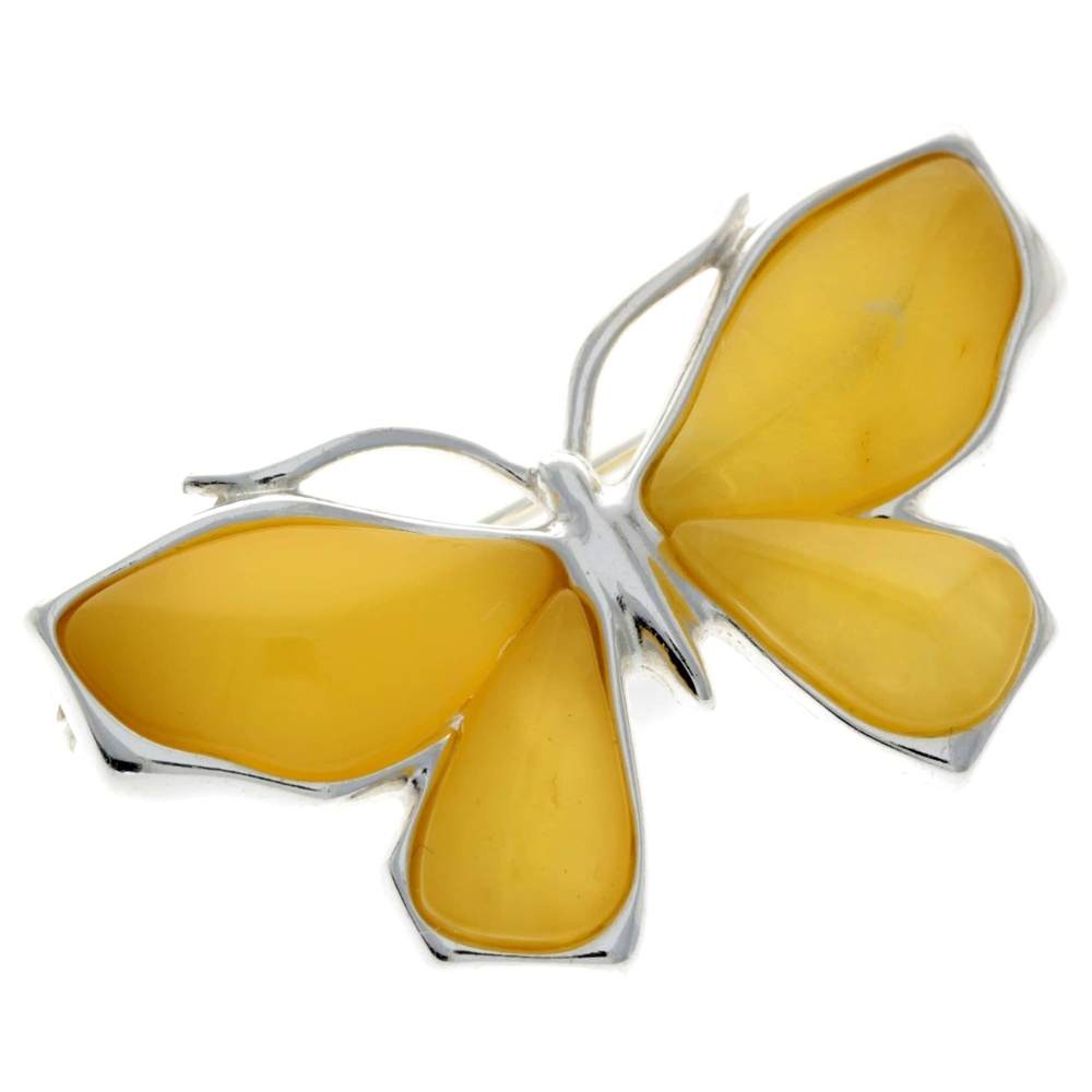 925 Sterling Silver & Baltic Amber Butterfly Engraved Brooch - AC800