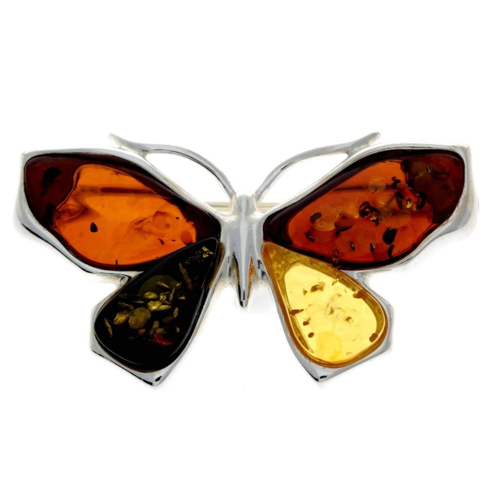 925 Sterling Silver & Baltic Amber Butterfly Engraved Brooch - AC800