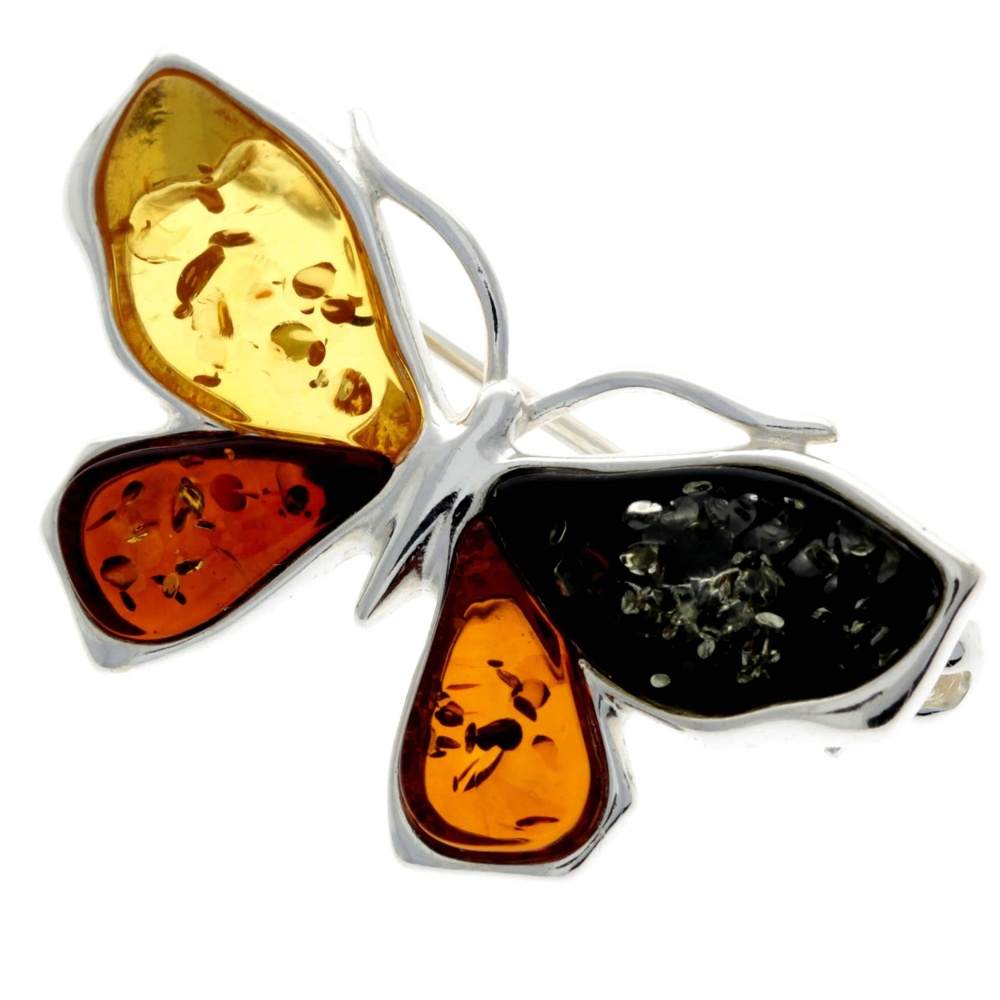 925 Sterling Silver & Baltic Amber Butterfly Engraved Brooch - AC800