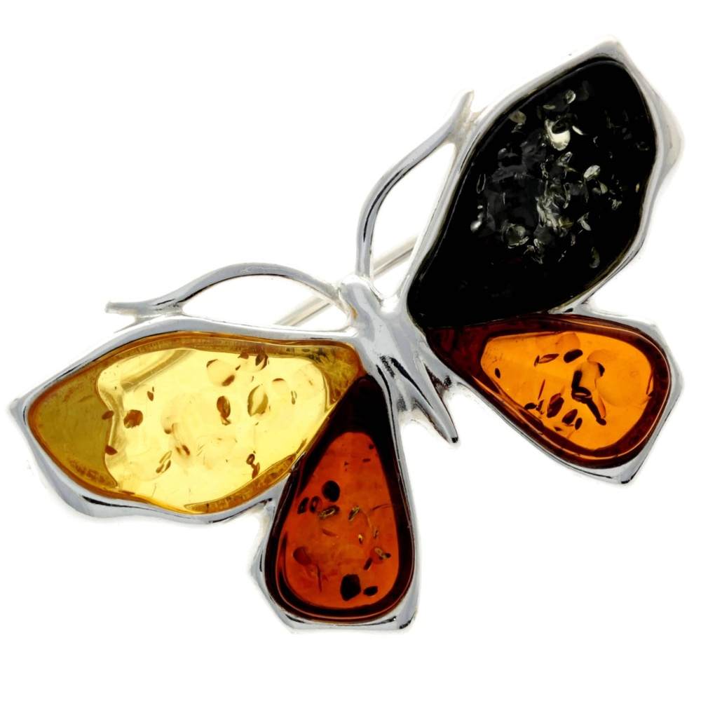 925 Sterling Silver & Baltic Amber Butterfly Engraved Brooch - AC800