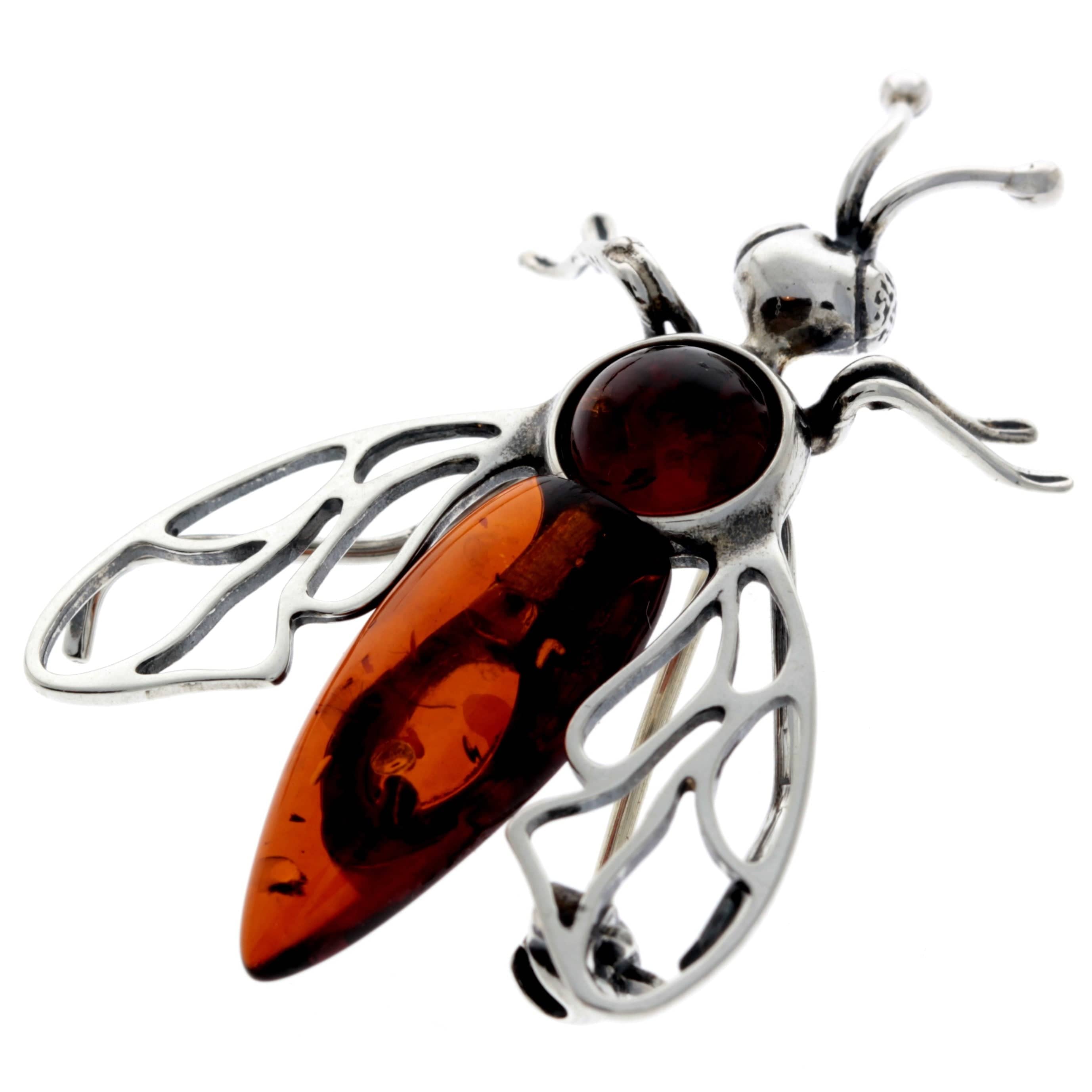925 Sterling Silver & Genuine Baltic Amber Wasp Fly Brooch - AC803